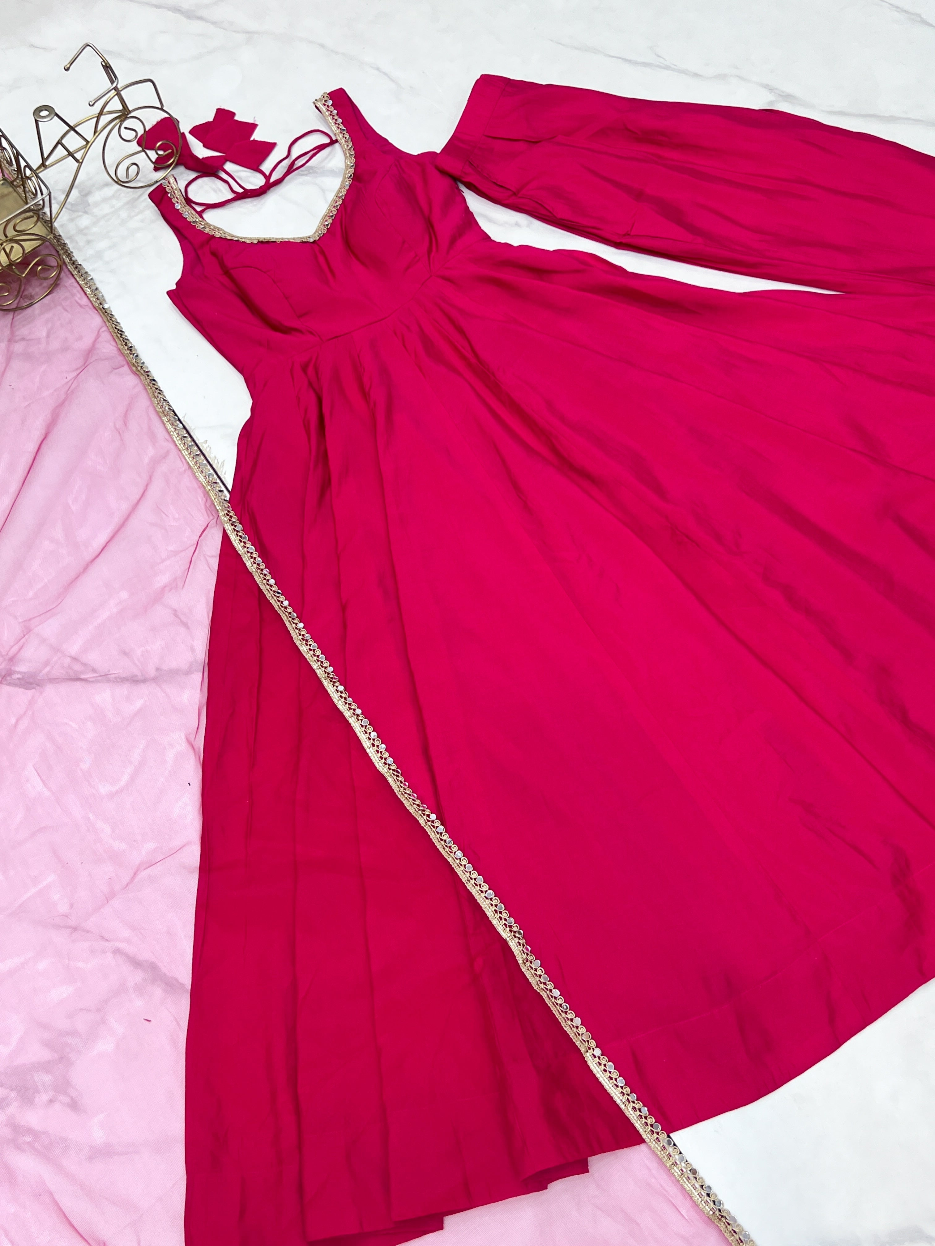 Pink Roman Silk Chanderi Anarkali Set – Fully Stitched & Ready to Wear