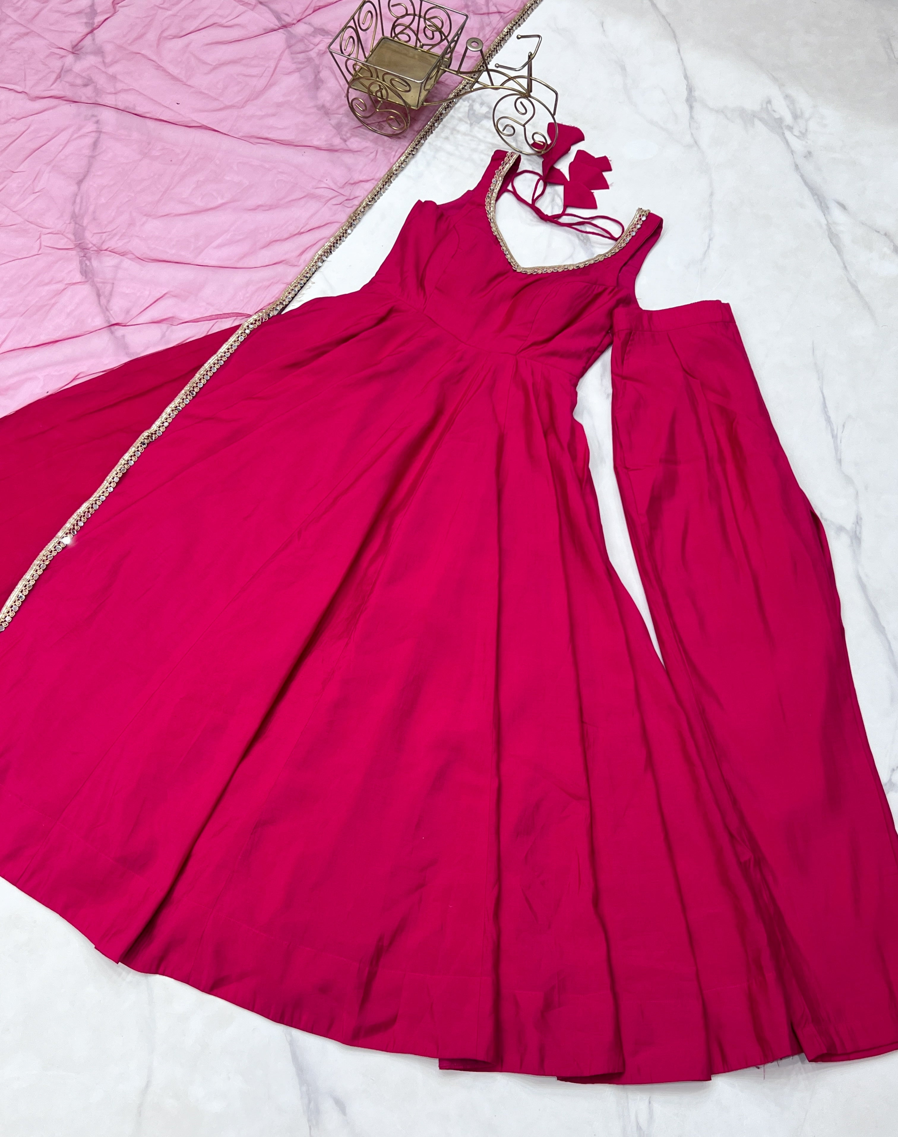 Pink Roman Silk Chanderi Anarkali Set – Fully Stitched & Ready to Wear