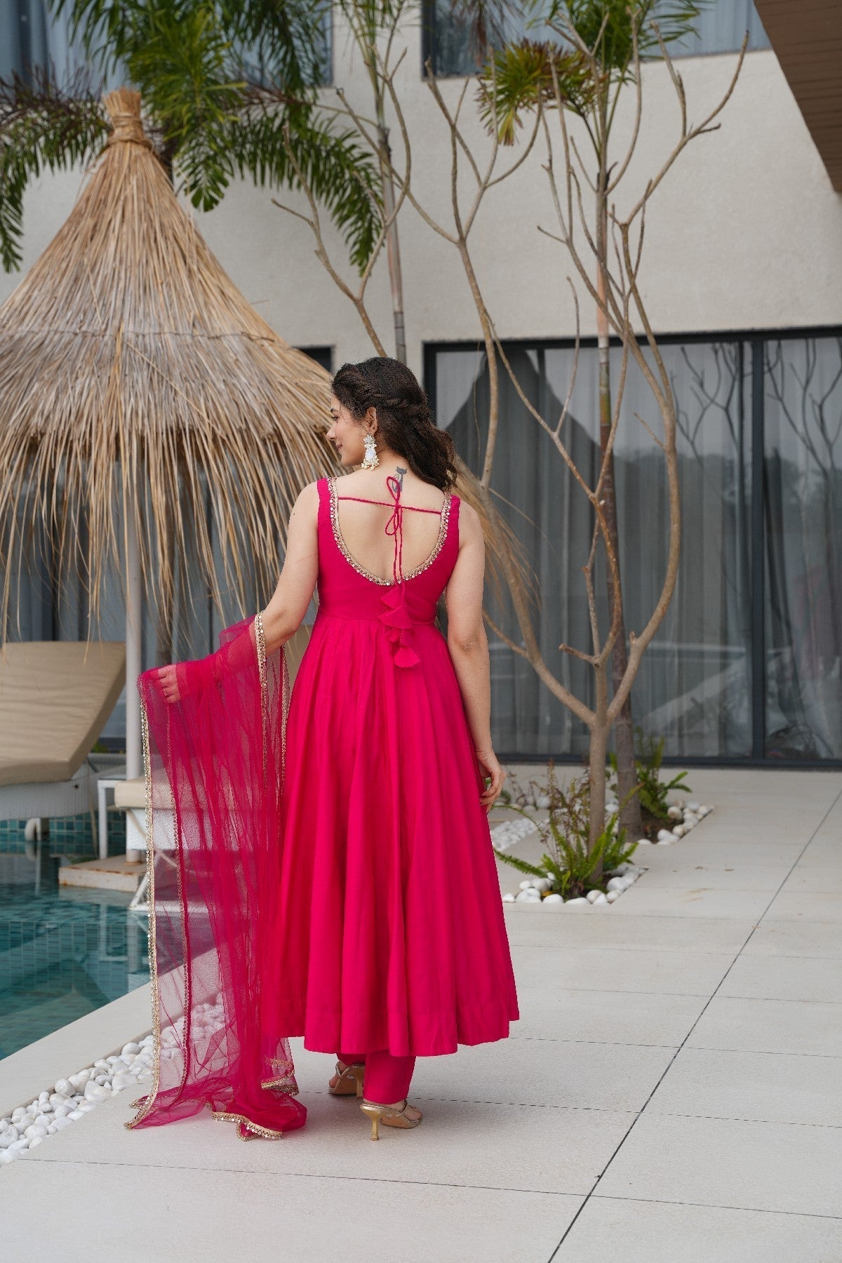 Pink Roman Silk Chanderi Anarkali Set – Fully Stitched & Ready to Wear