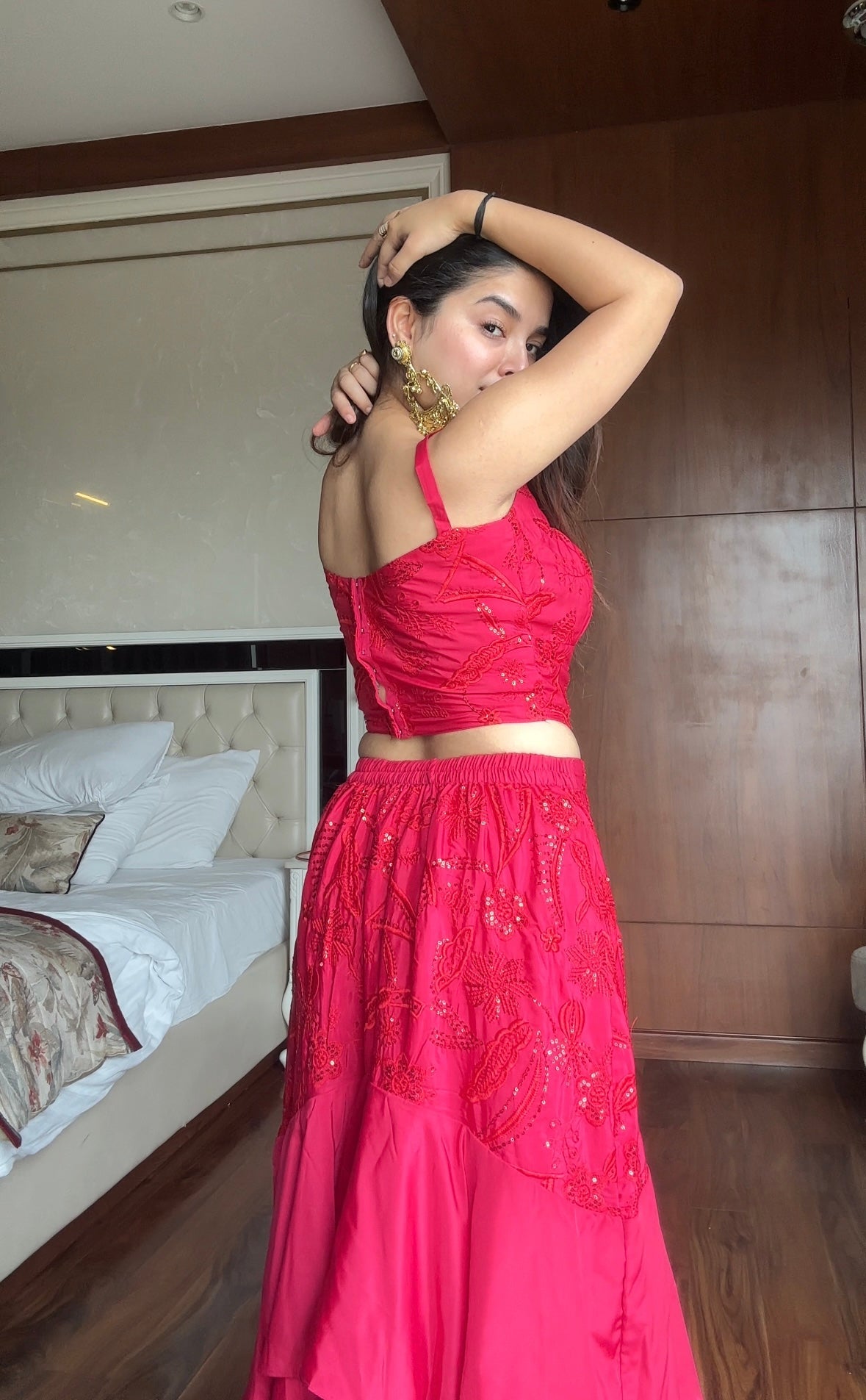 Party Wear Hot Pink Embroidered Ruffle Lehenga Set with Cape Dupatta