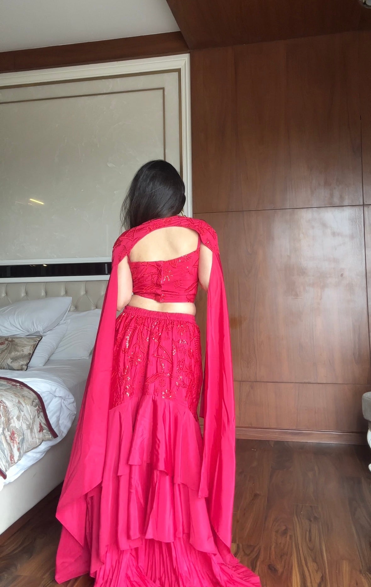 Party Wear Hot Pink Embroidered Ruffle Lehenga Set with Cape Dupatta