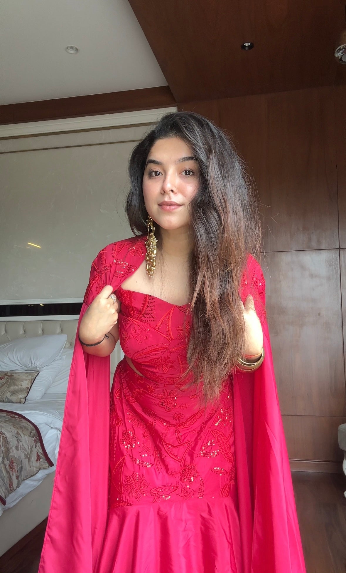 Party Wear Hot Pink Embroidered Ruffle Lehenga Set with Cape Dupatta