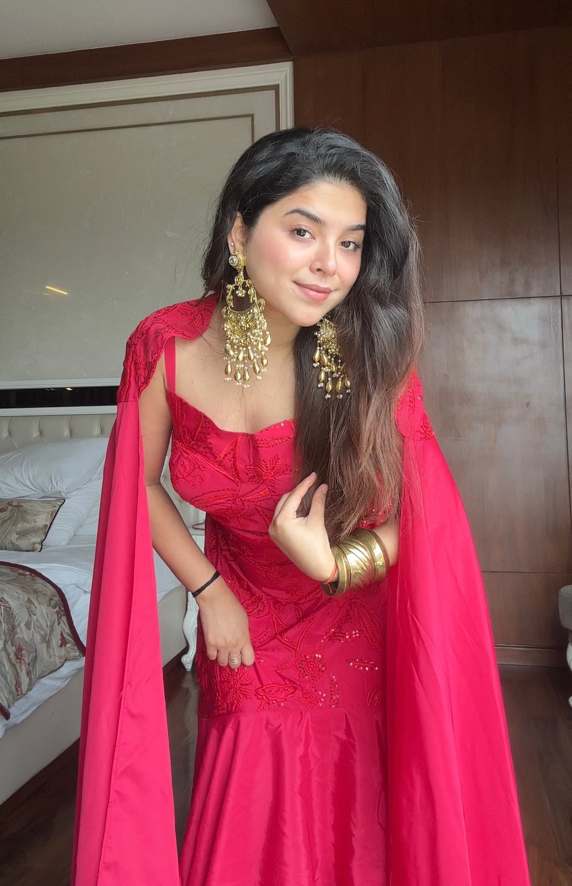 Party Wear Hot Pink Embroidered Ruffle Lehenga Set with Cape Dupatta