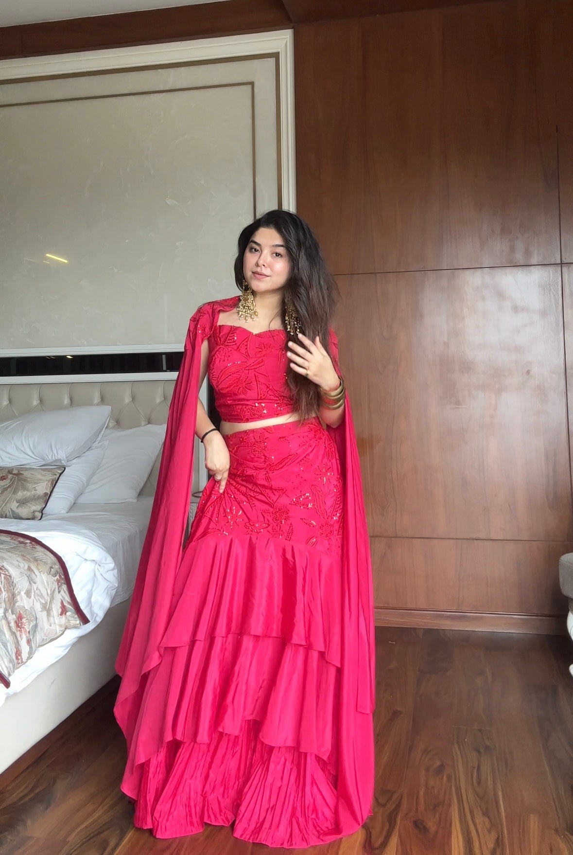 Party Wear Hot Pink Embroidered Ruffle Lehenga Set with Cape Dupatta