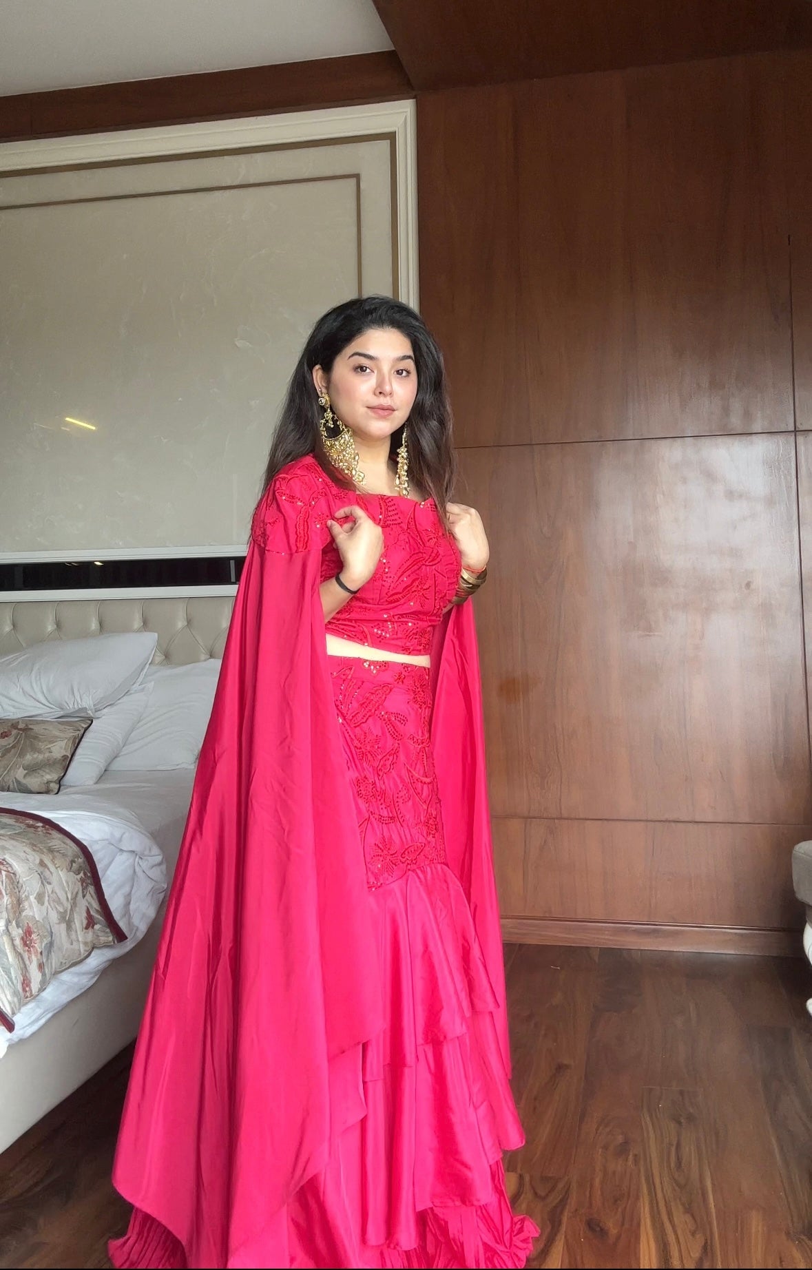 Party Wear Hot Pink Embroidered Ruffle Lehenga Set with Cape Dupatta