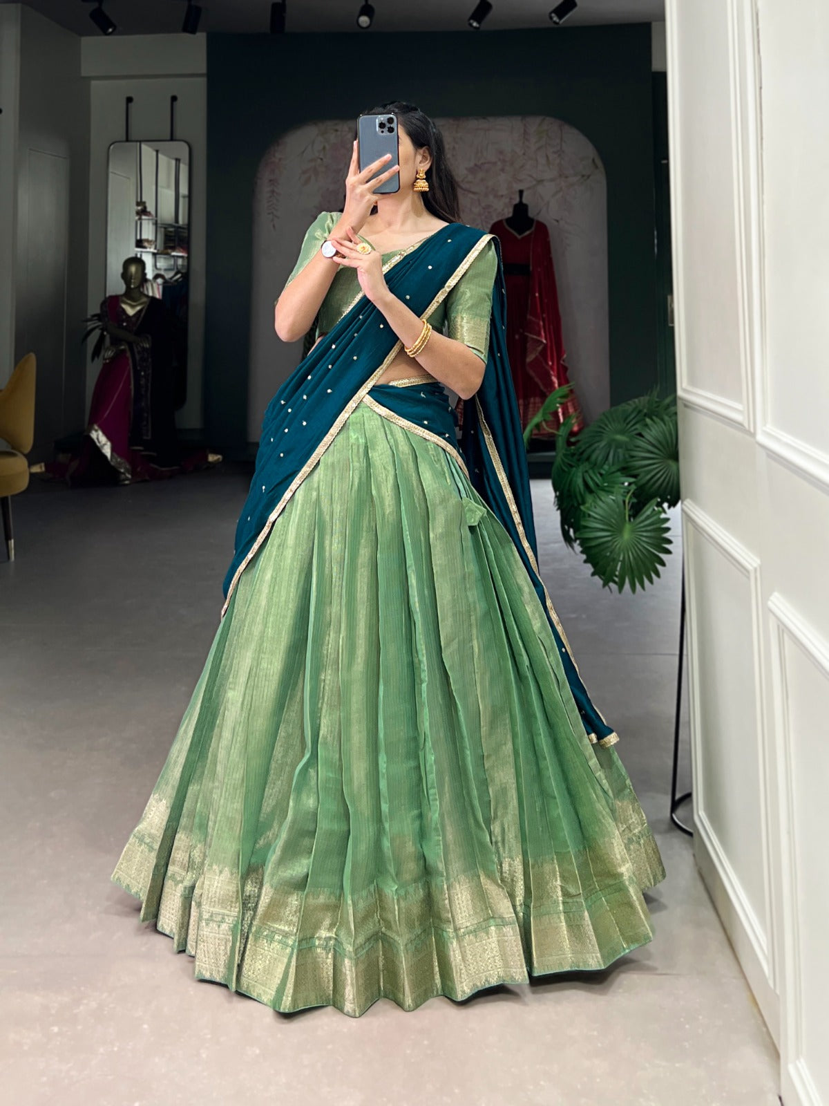 Majestic Kanchipuram Silk Zari Weaving Worked Lehenga Choli - Ethnicwish