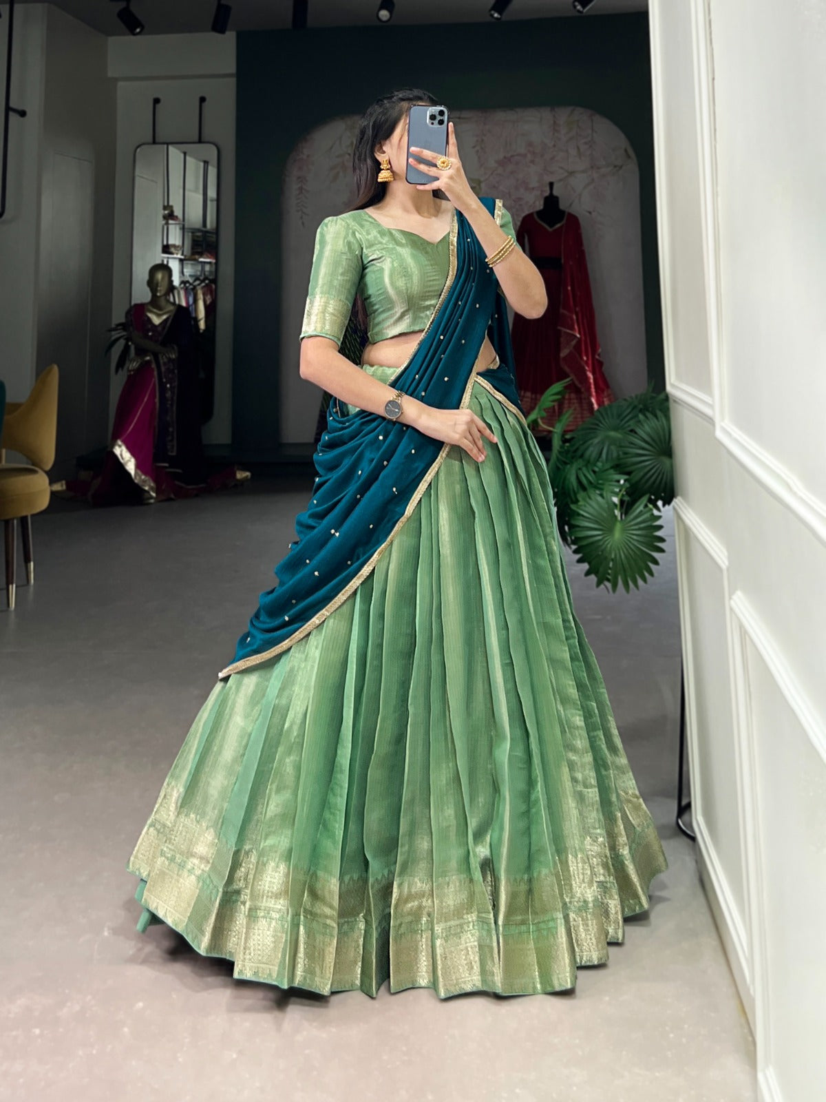 Majestic Kanchipuram Silk Zari Weaving Worked Lehenga Choli - Ethnicwish