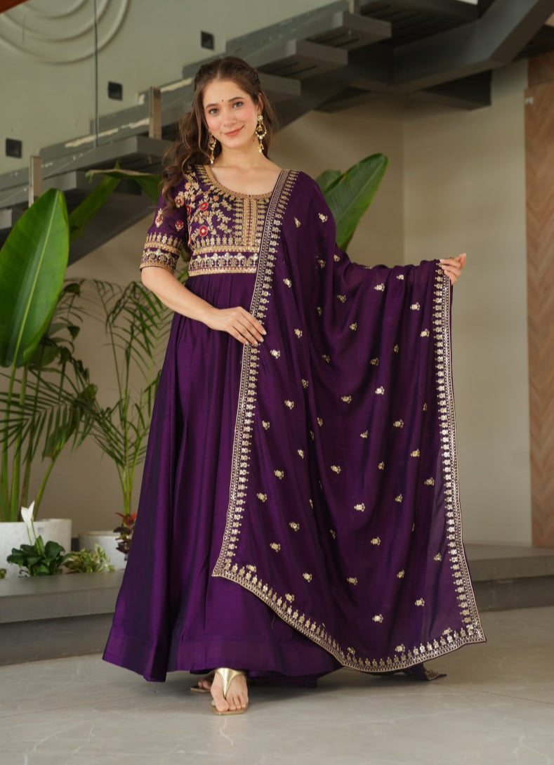 Purple Vichitra Silk Gown with Sequins & Zari Embroidery With Dupatta