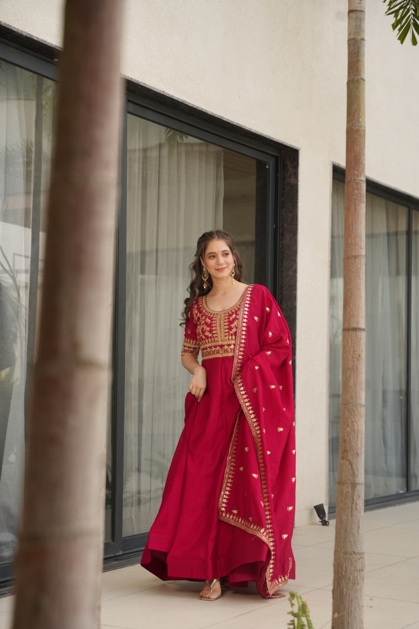 Purple Vichitra Silk Gown with Sequins & Zari Embroidery With Dupatta