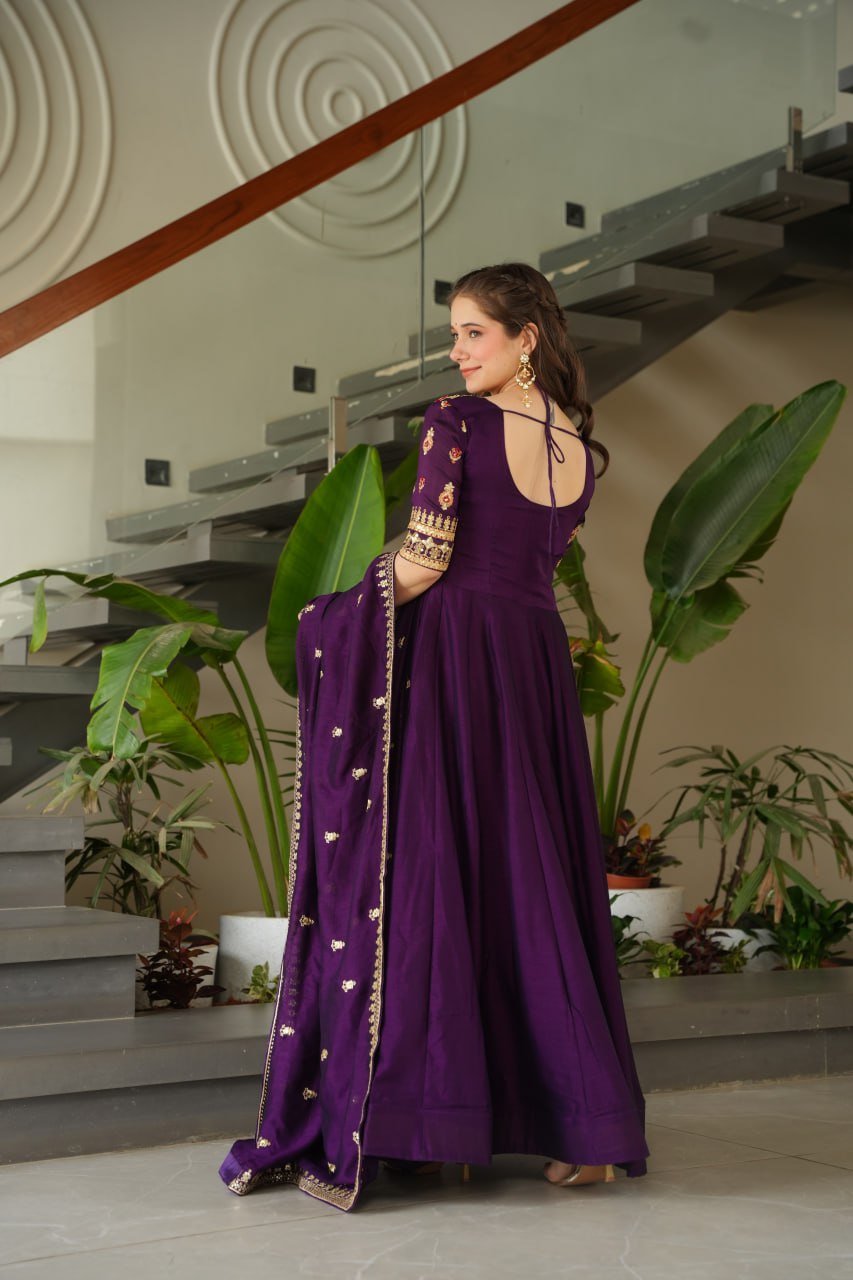 Purple Vichitra Silk Gown with Sequins & Zari Embroidery With Dupatta