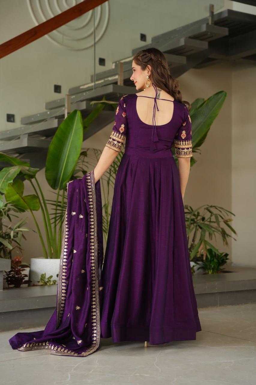 Purple Vichitra Silk Gown with Sequins & Zari Embroidery With Dupatta