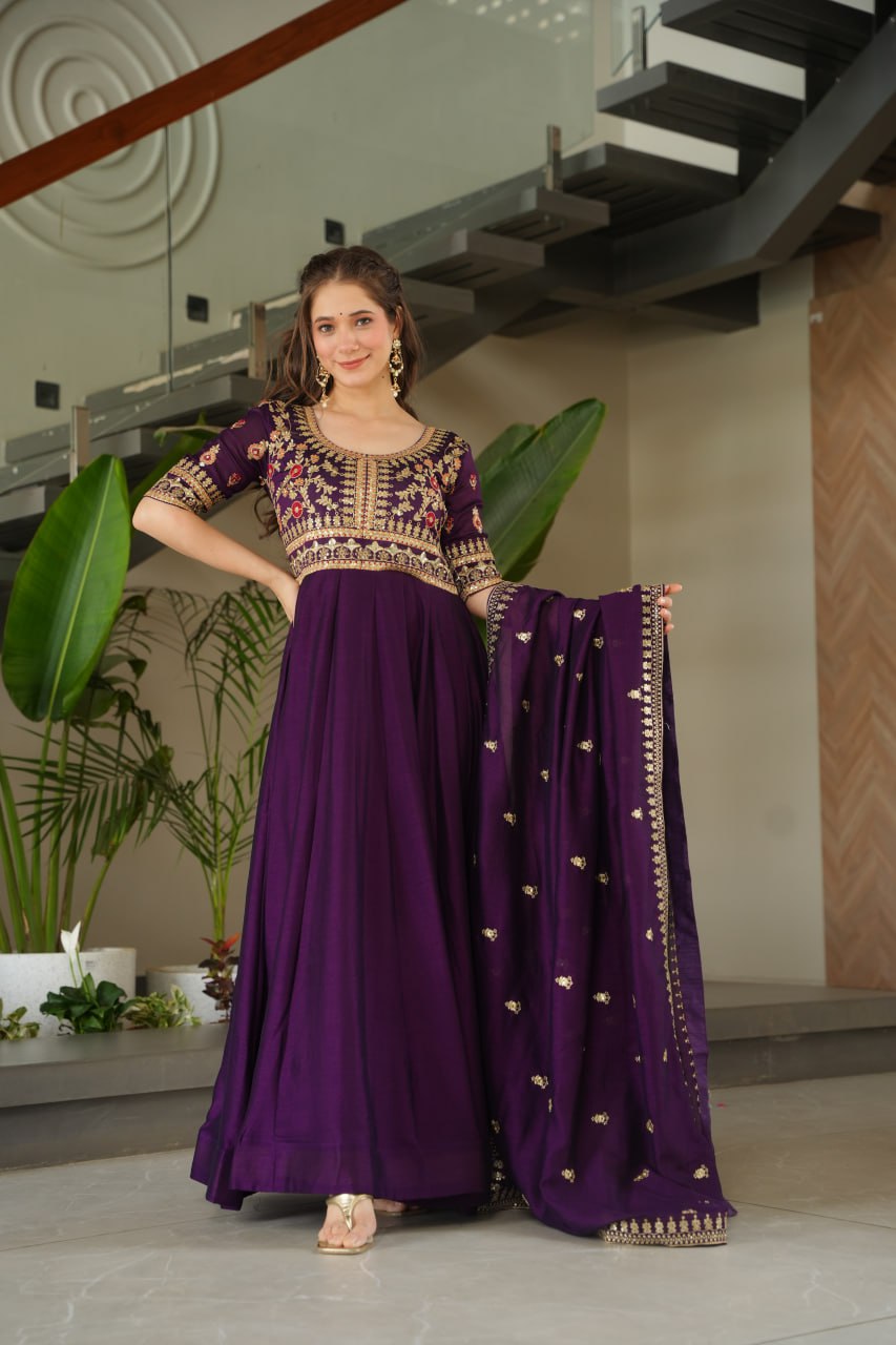 Purple Vichitra Silk Gown with Sequins & Zari Embroidery With Dupatta