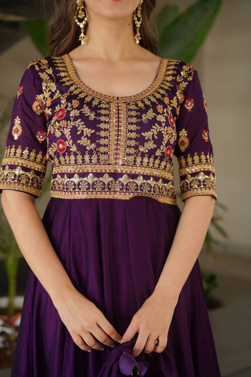 Purple Vichitra Silk Gown with Sequins & Zari Embroidery With Dupatta