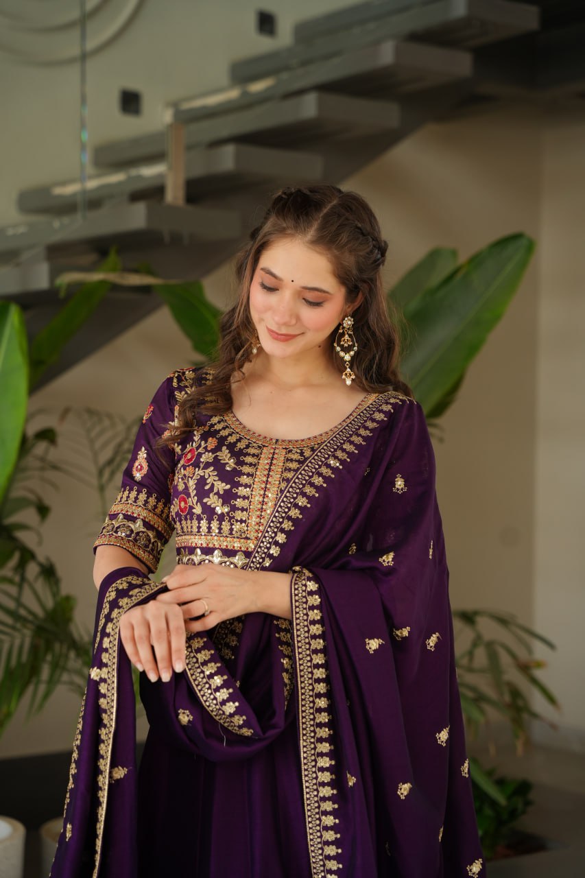 Purple Vichitra Silk Gown with Sequins & Zari Embroidery With Dupatta