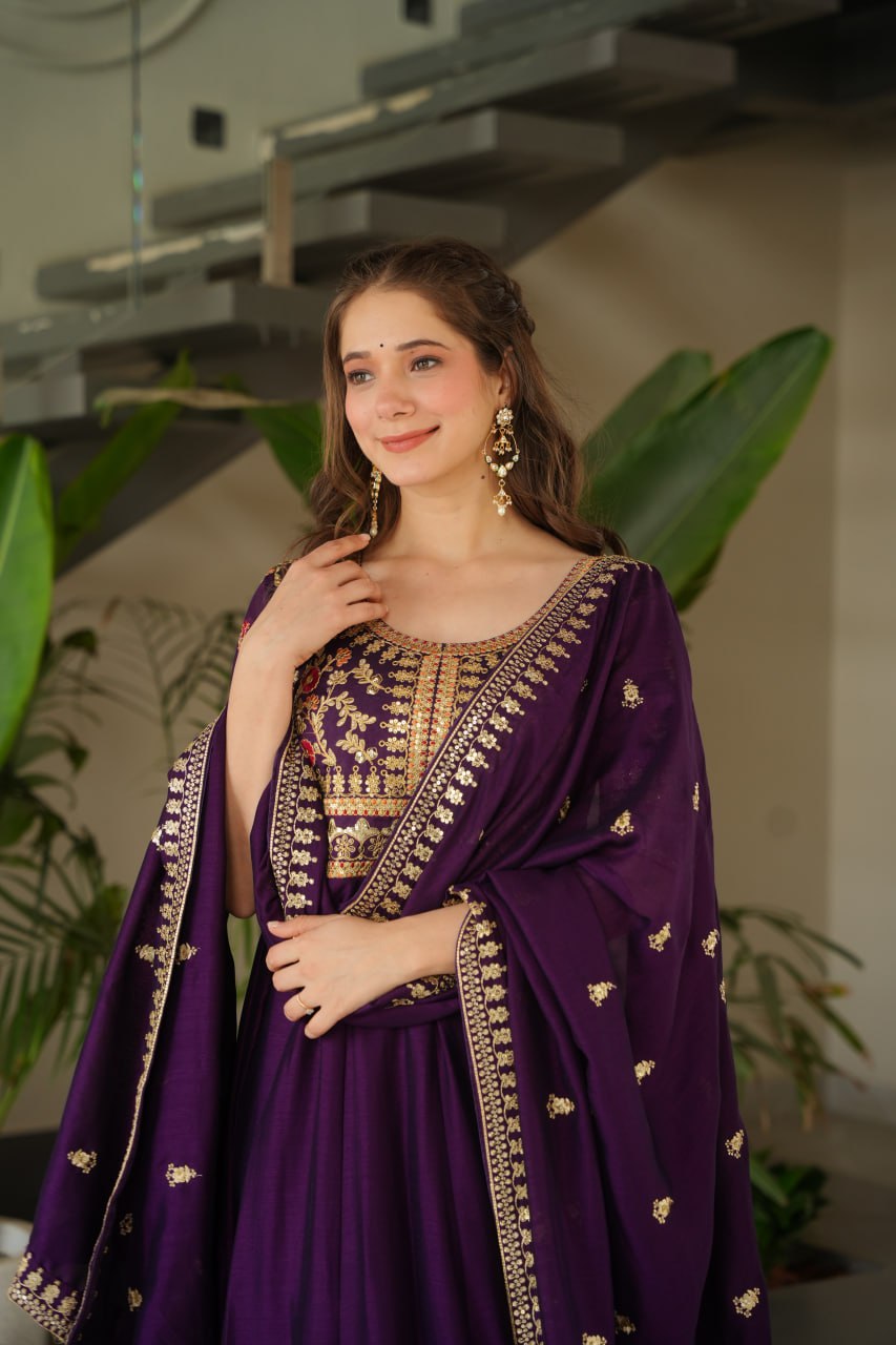 Purple Vichitra Silk Gown with Sequins & Zari Embroidery With Dupatta