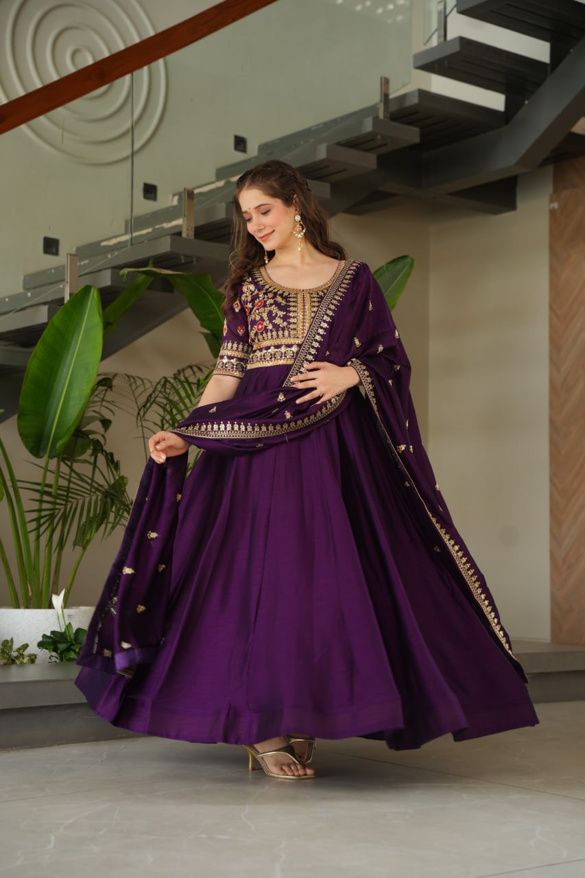 Purple Vichitra Silk Gown with Sequins & Zari Embroidery With Dupatta