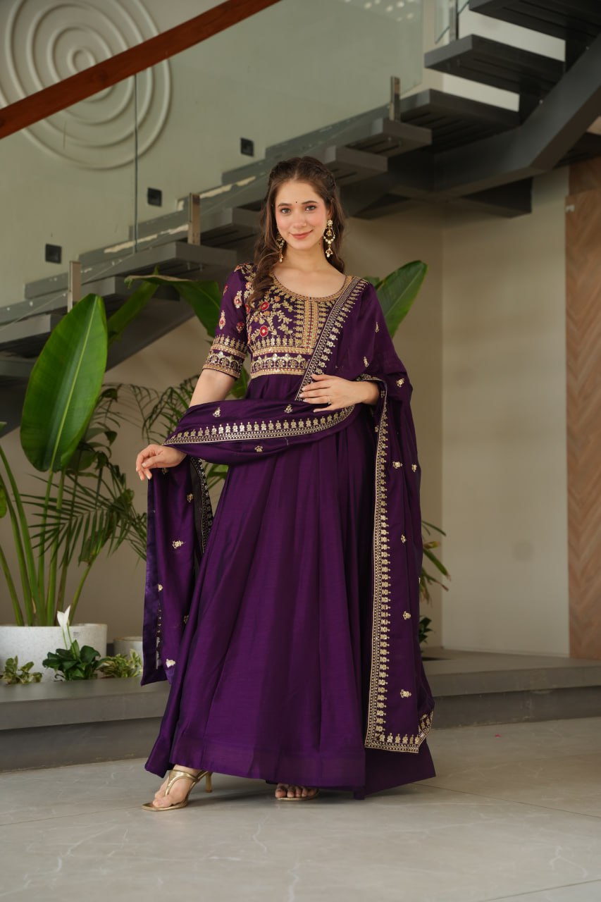 Purple Vichitra Silk Gown with Sequins & Zari Embroidery With Dupatta
