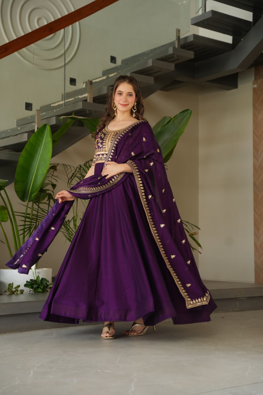 Purple Vichitra Silk Gown with Sequins & Zari Embroidery With Dupatta
