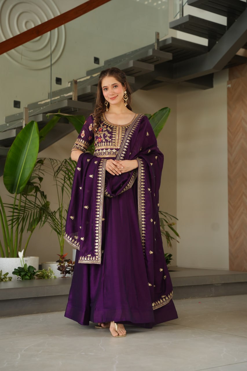 Purple Vichitra Silk Gown with Sequins & Zari Embroidery With Dupatta