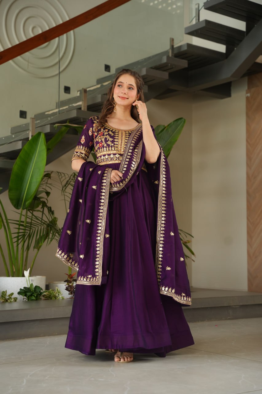 Purple Vichitra Silk Gown with Sequins & Zari Embroidery With Dupatta