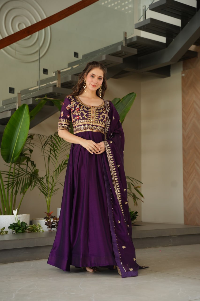 Purple Vichitra Silk Gown with Sequins & Zari Embroidery With Dupatta