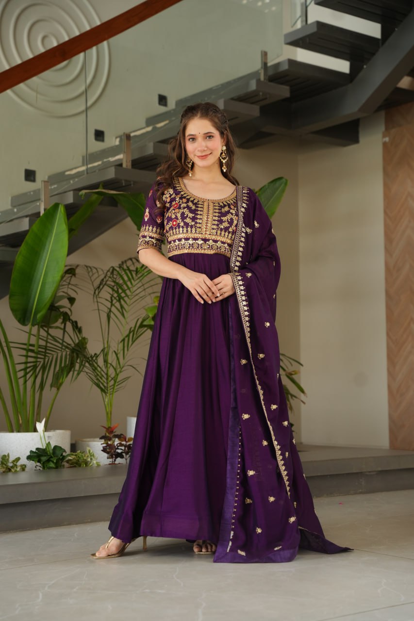 Purple Vichitra Silk Gown with Sequins & Zari Embroidery With Dupatta