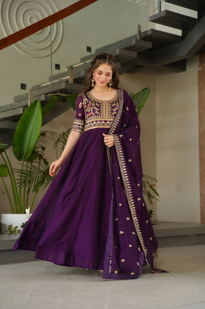 Purple Vichitra Silk Gown with Sequins & Zari Embroidery With Dupatta