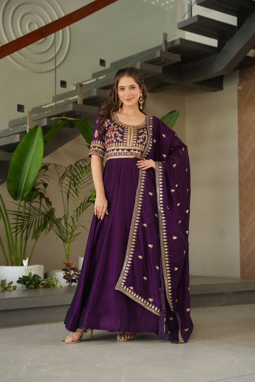 Purple Vichitra Silk Gown with Sequins & Zari Embroidery With Dupatta