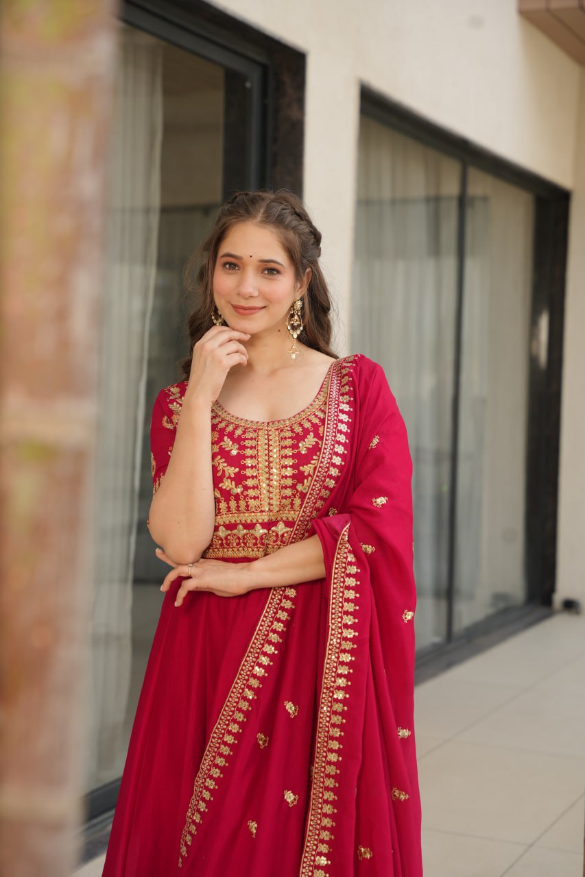 Purple Vichitra Silk Gown with Sequins & Zari Embroidery With Dupatta