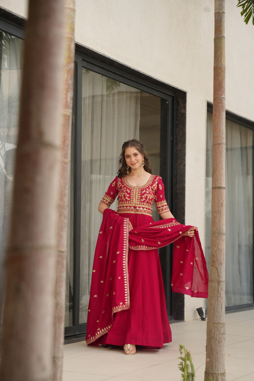 Purple Vichitra Silk Gown with Sequins & Zari Embroidery With Dupatta