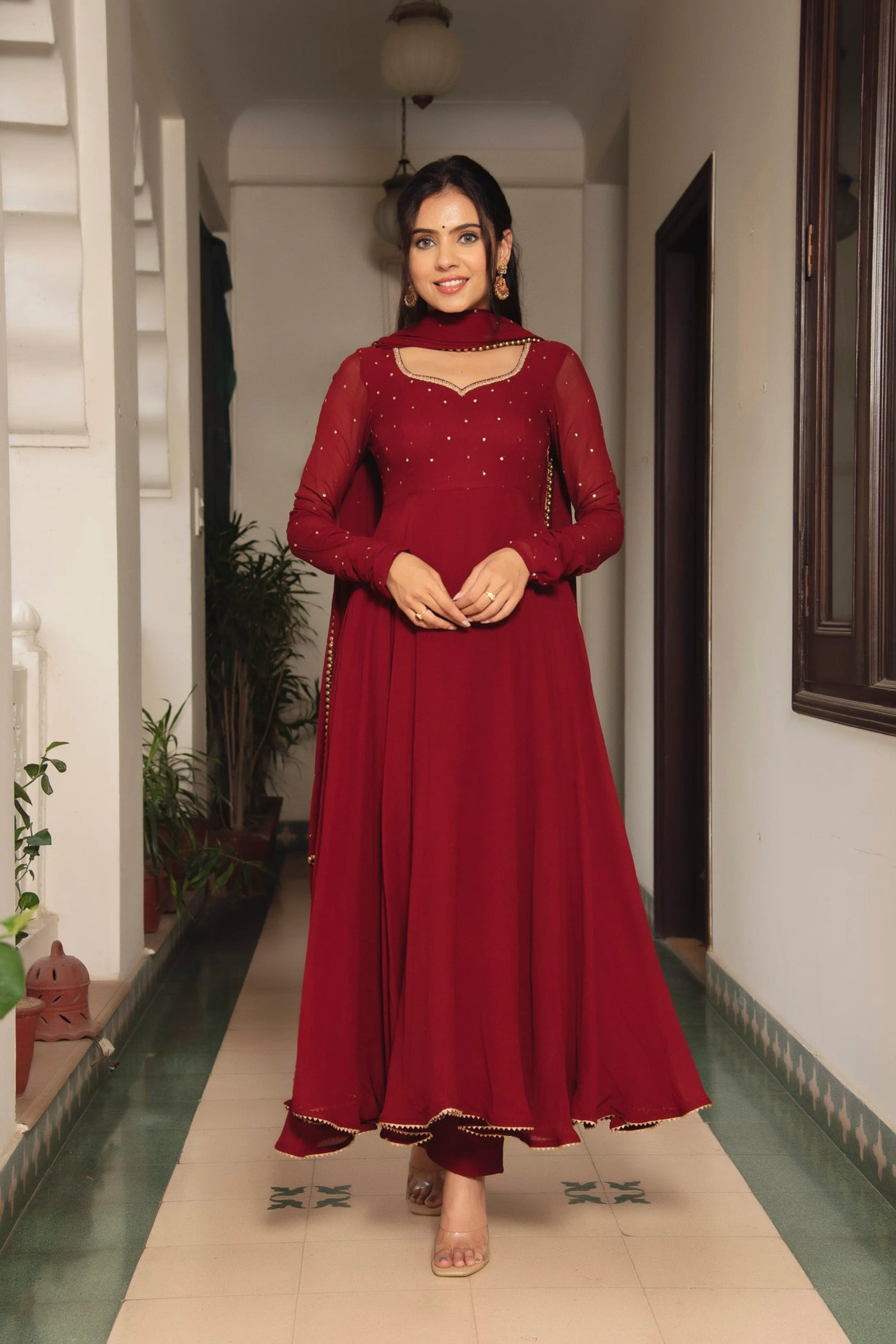 Maroon Georgette Anarkali Suit Set with Pearl Border Dupatta