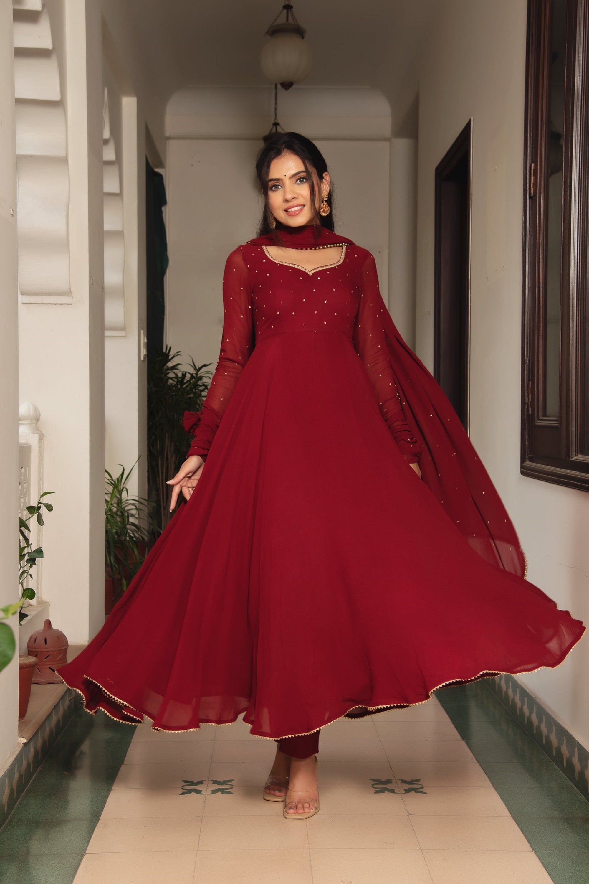 Maroon Georgette Anarkali Suit Set with Pearl Border Dupatta