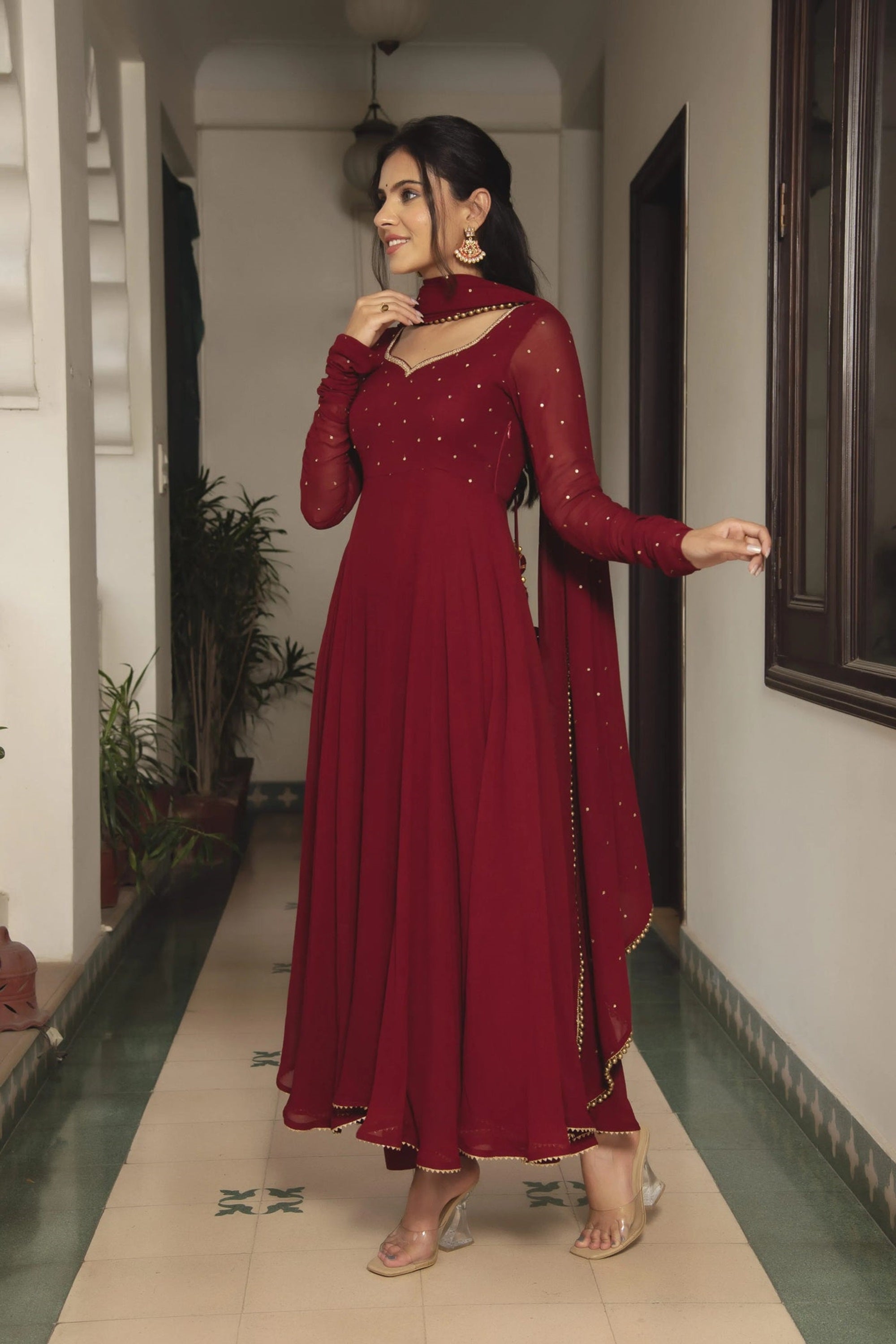 Maroon Georgette Anarkali Suit Set with Pearl Border Dupatta