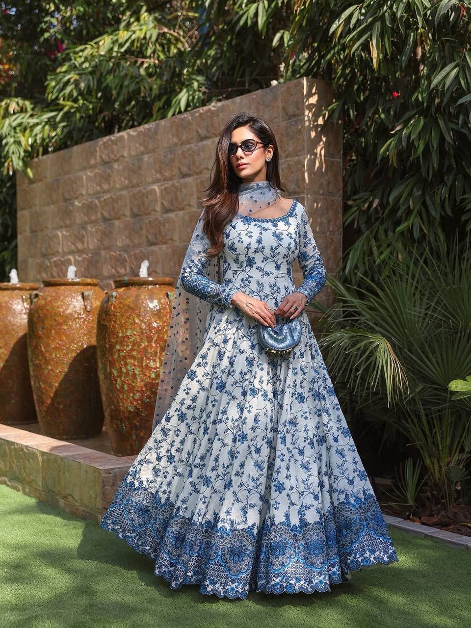 Party Wear Mehraab Muse White Blue Embroidered Anarkali Suit for Women