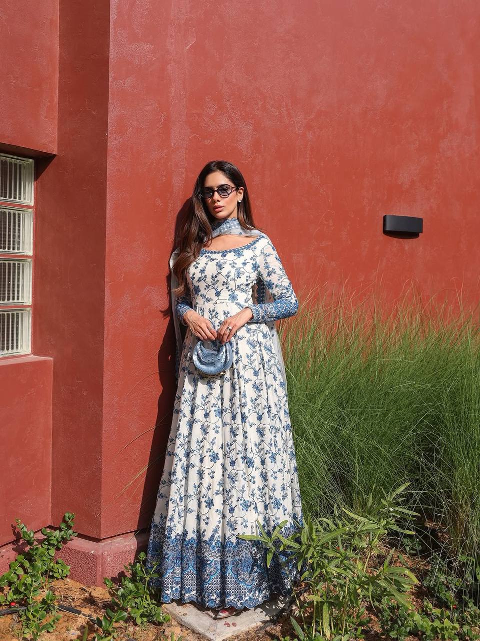 Party Wear Mehraab Muse White Blue Embroidered Anarkali Suit for Women