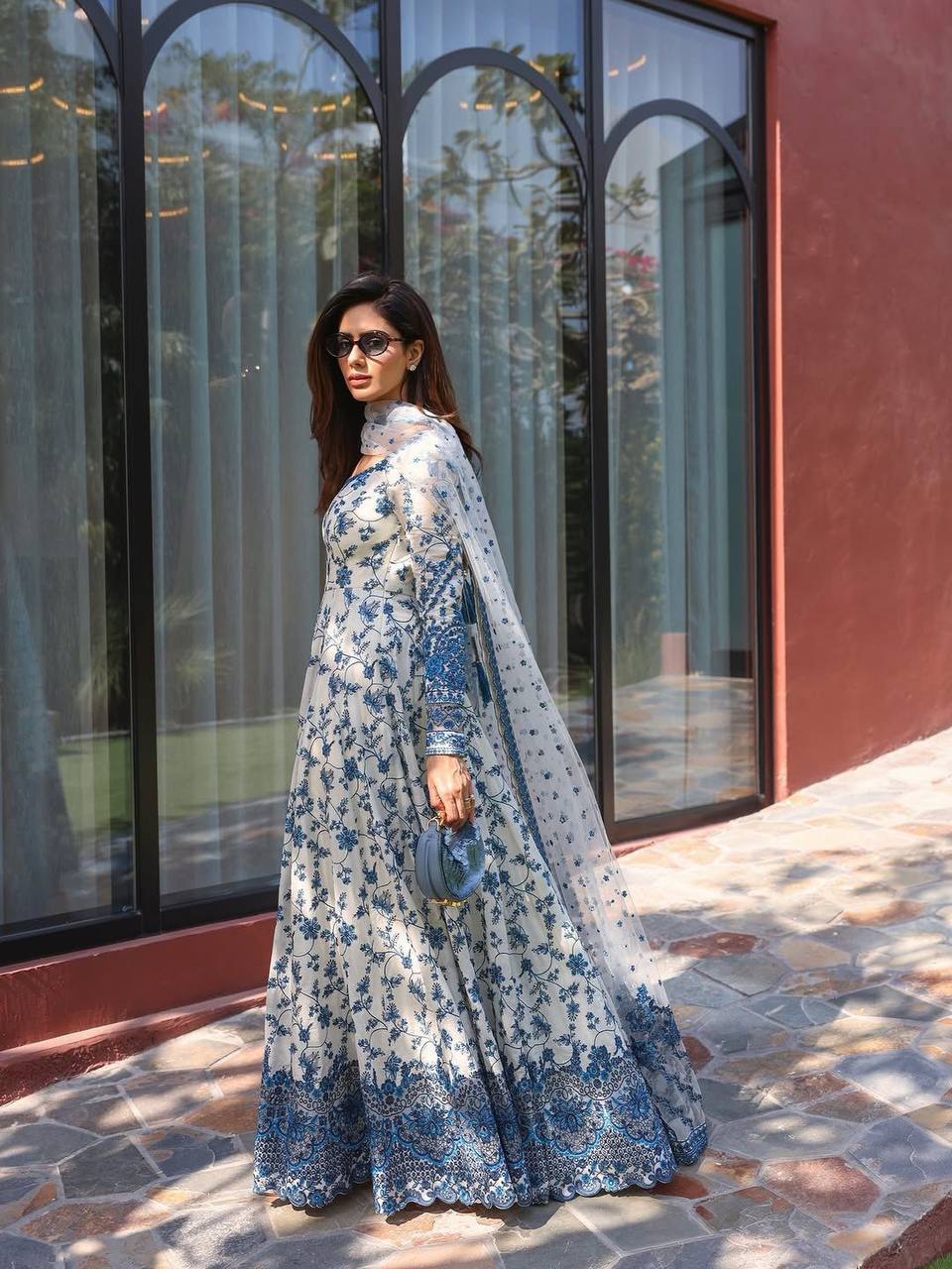 Party Wear Mehraab Muse White Blue Embroidered Anarkali Suit for Women