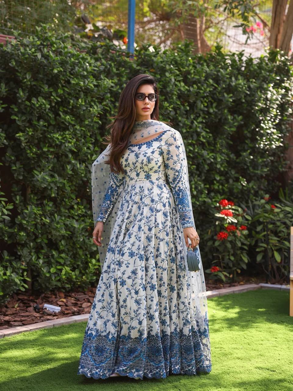 Party Wear Mehraab Muse White Blue Embroidered Anarkali Suit for Women