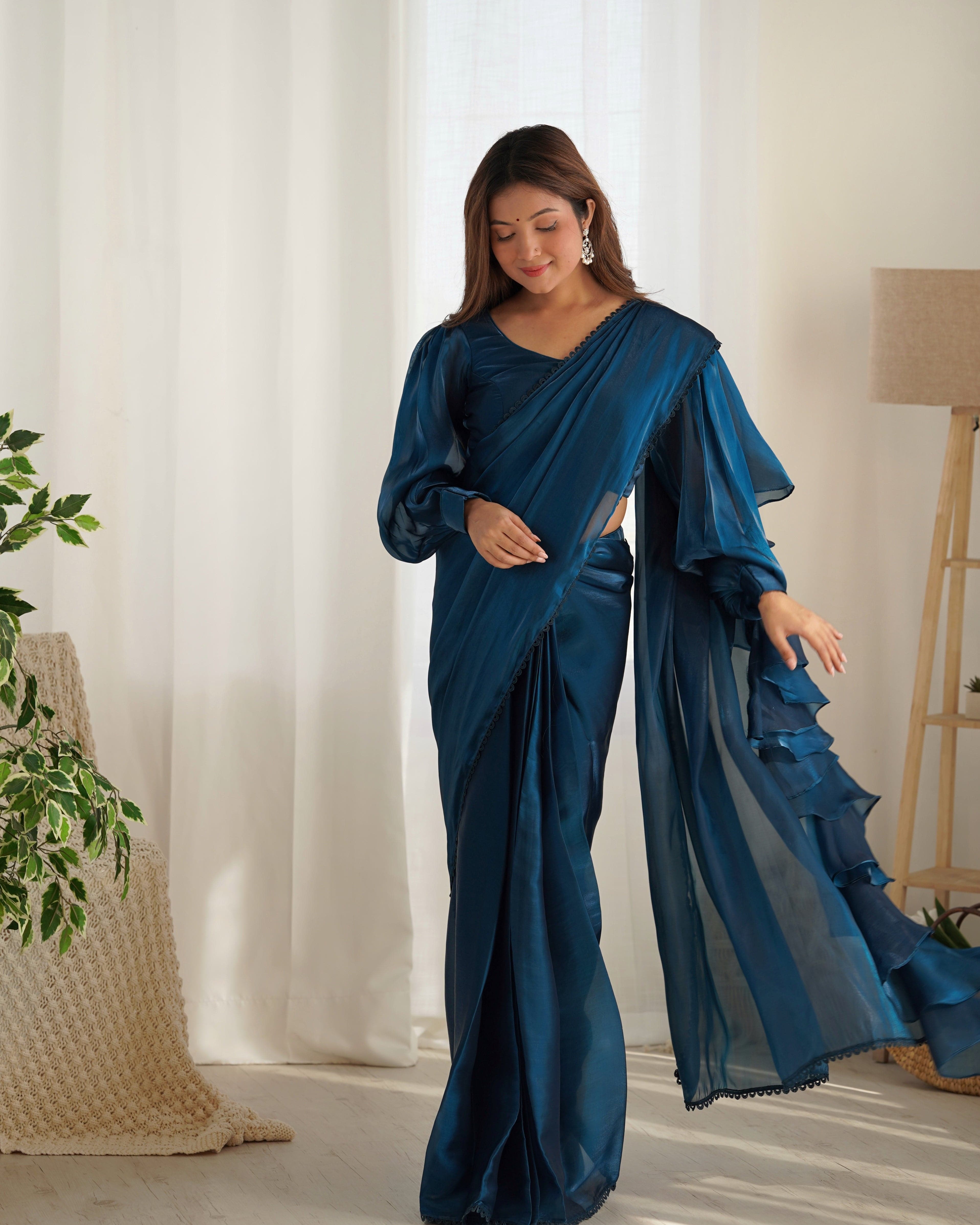 Alluring Jimmi Organza Silk Fully Stitched Ready To Wear Saree - INDIAN ELEGANCE