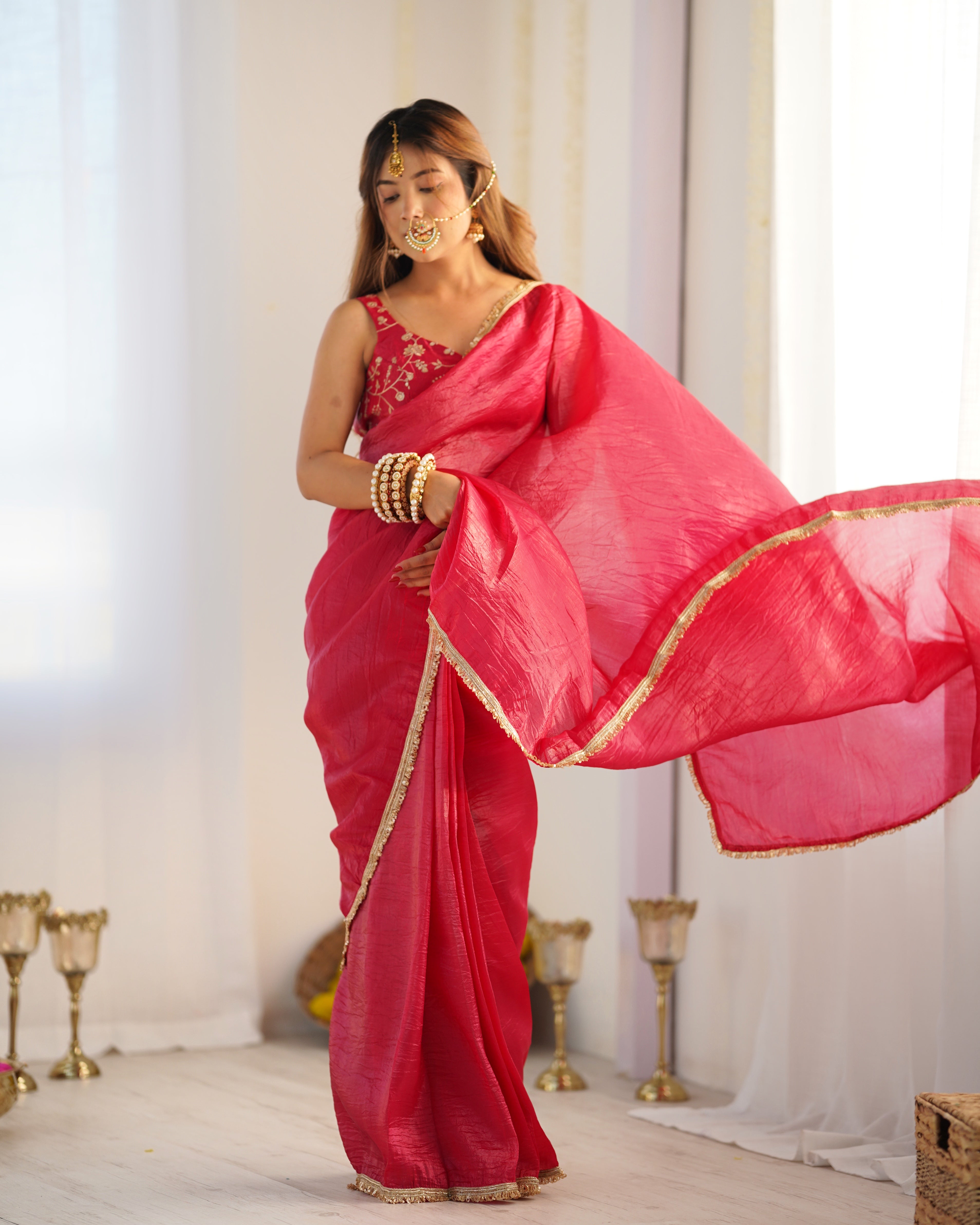 Exquisite Rani Pink Crush Tissue Silk Ready To Wear Saree - INDIAN ELEGANCE