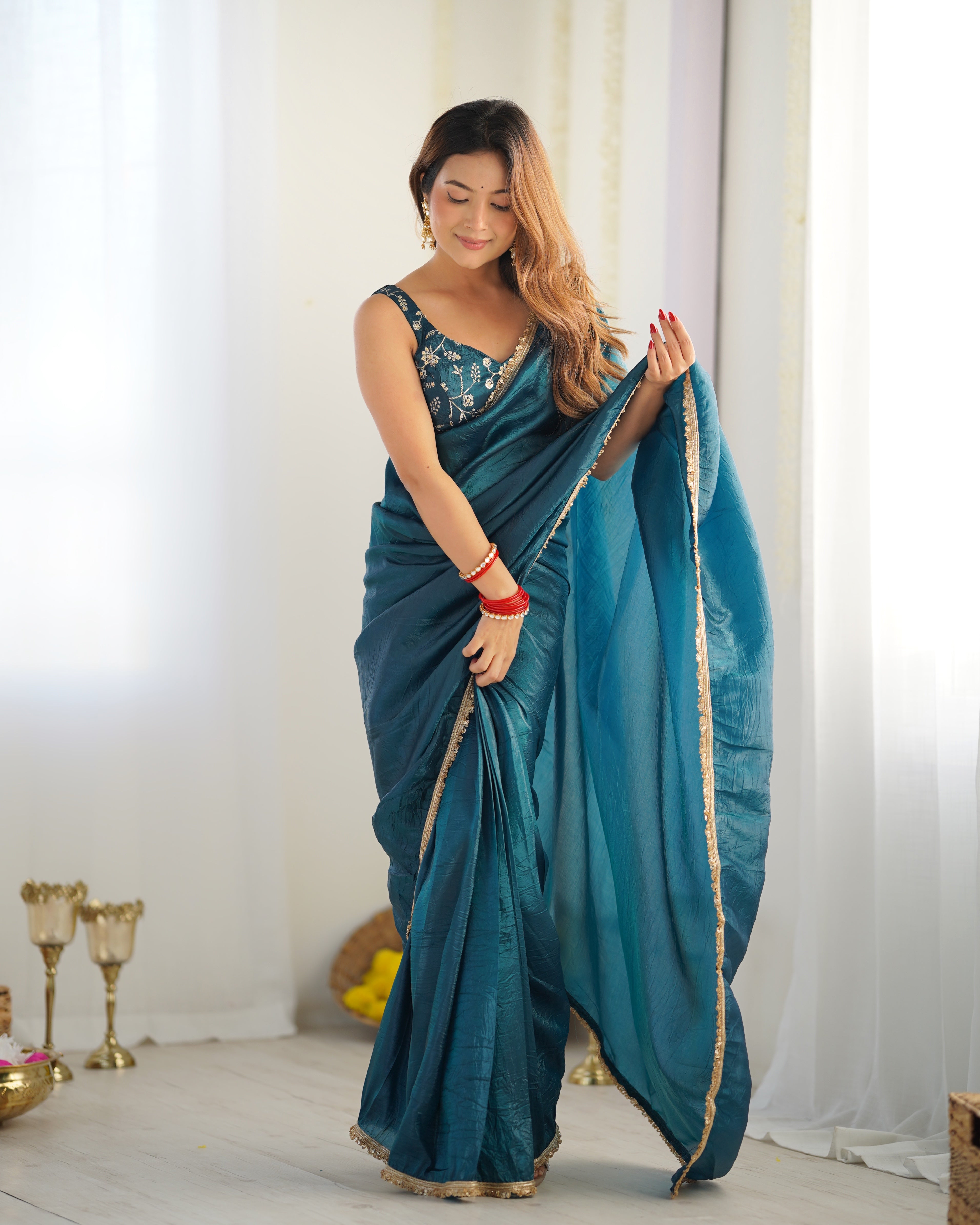 Alluring Teal Blue Crush Tissue Silk Ready To Wear Saree - INDIAN ELEGANCE