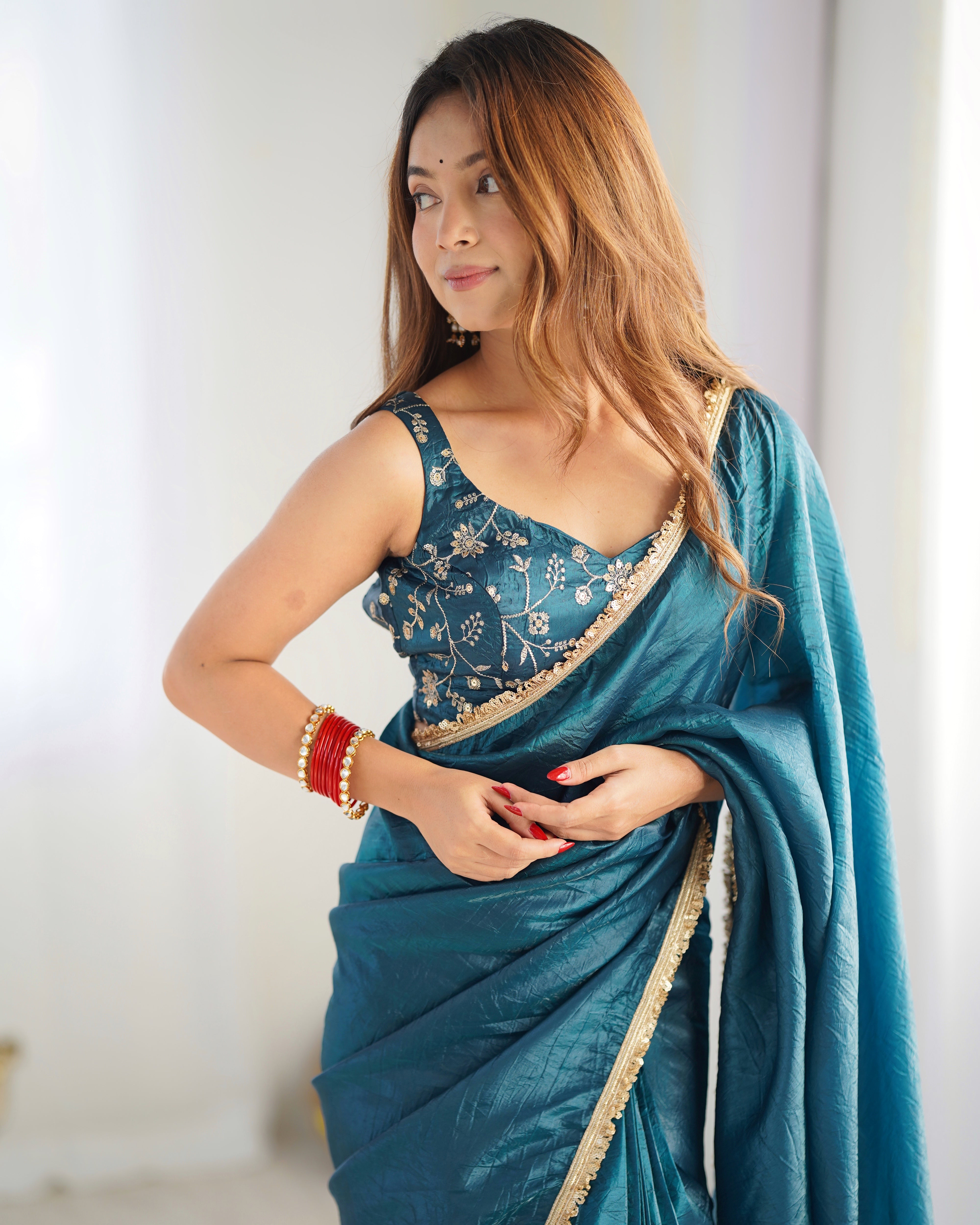 Alluring Teal Blue Crush Tissue Silk Ready To Wear Saree - INDIAN ELEGANCE