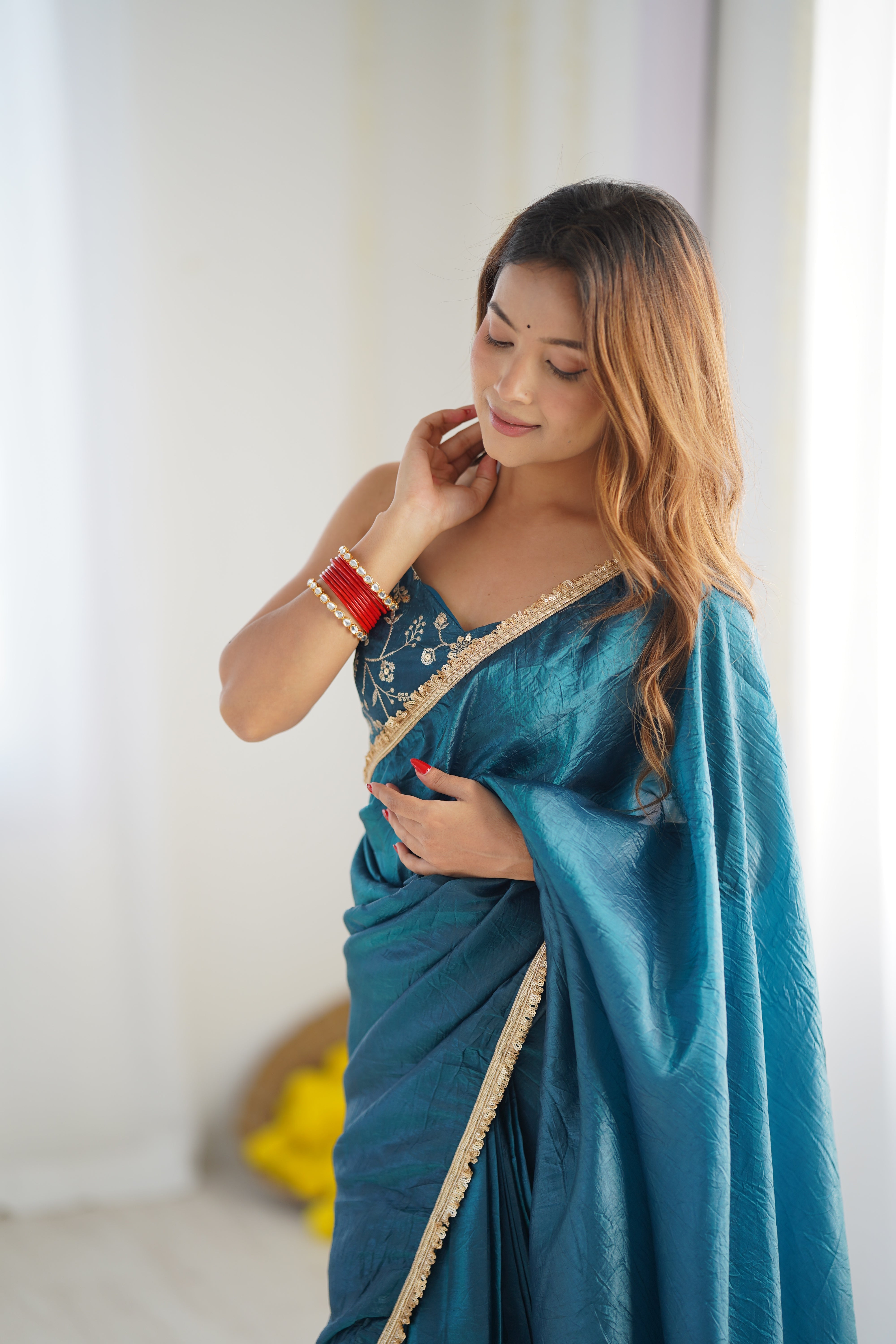 Alluring Teal Blue Crush Tissue Silk Ready To Wear Saree - INDIAN ELEGANCE