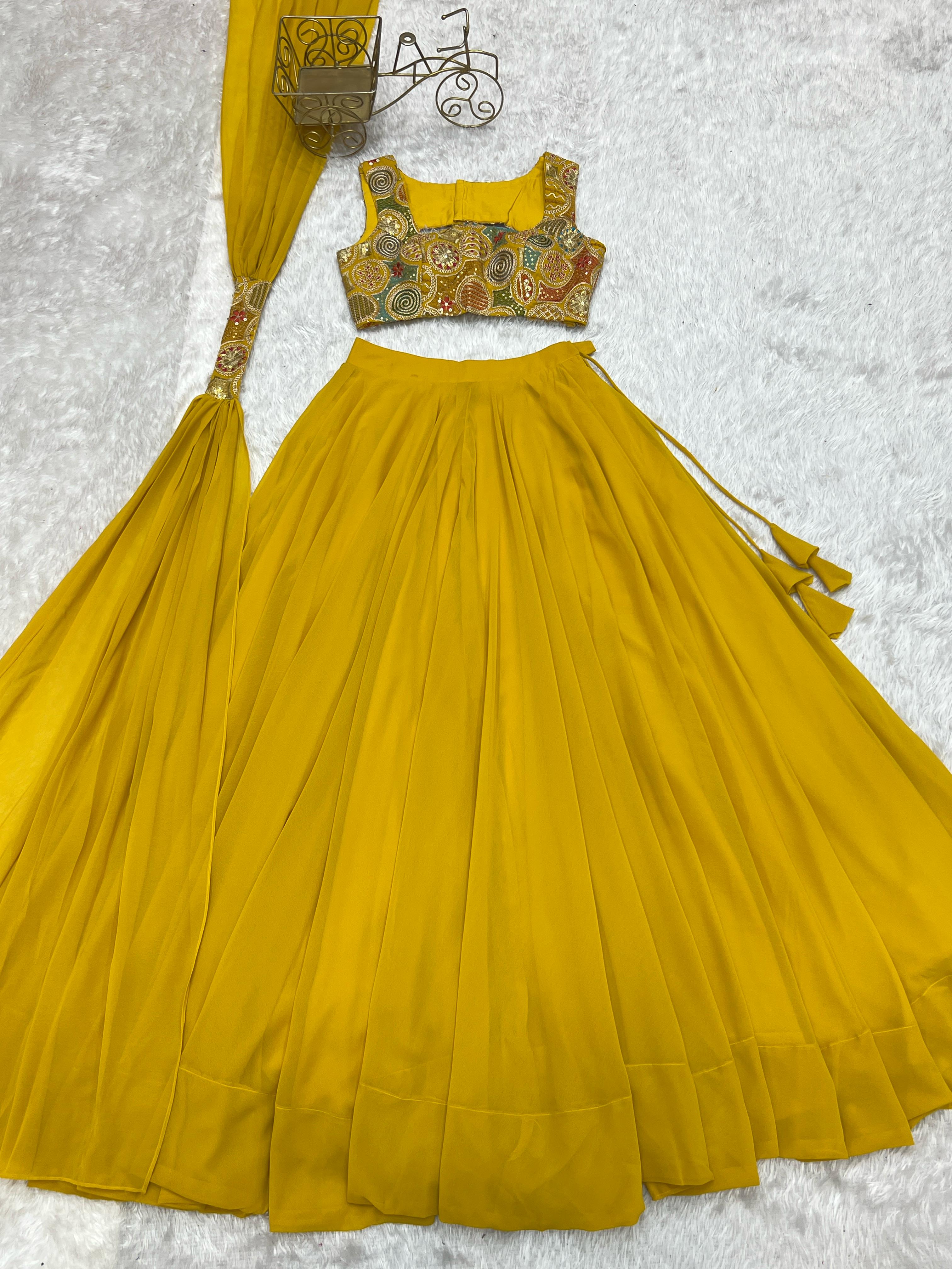 Amazing Yellow Pure Soft Faux Georgette Fully Stitched Lehenga Choli Set - Ethnicwish