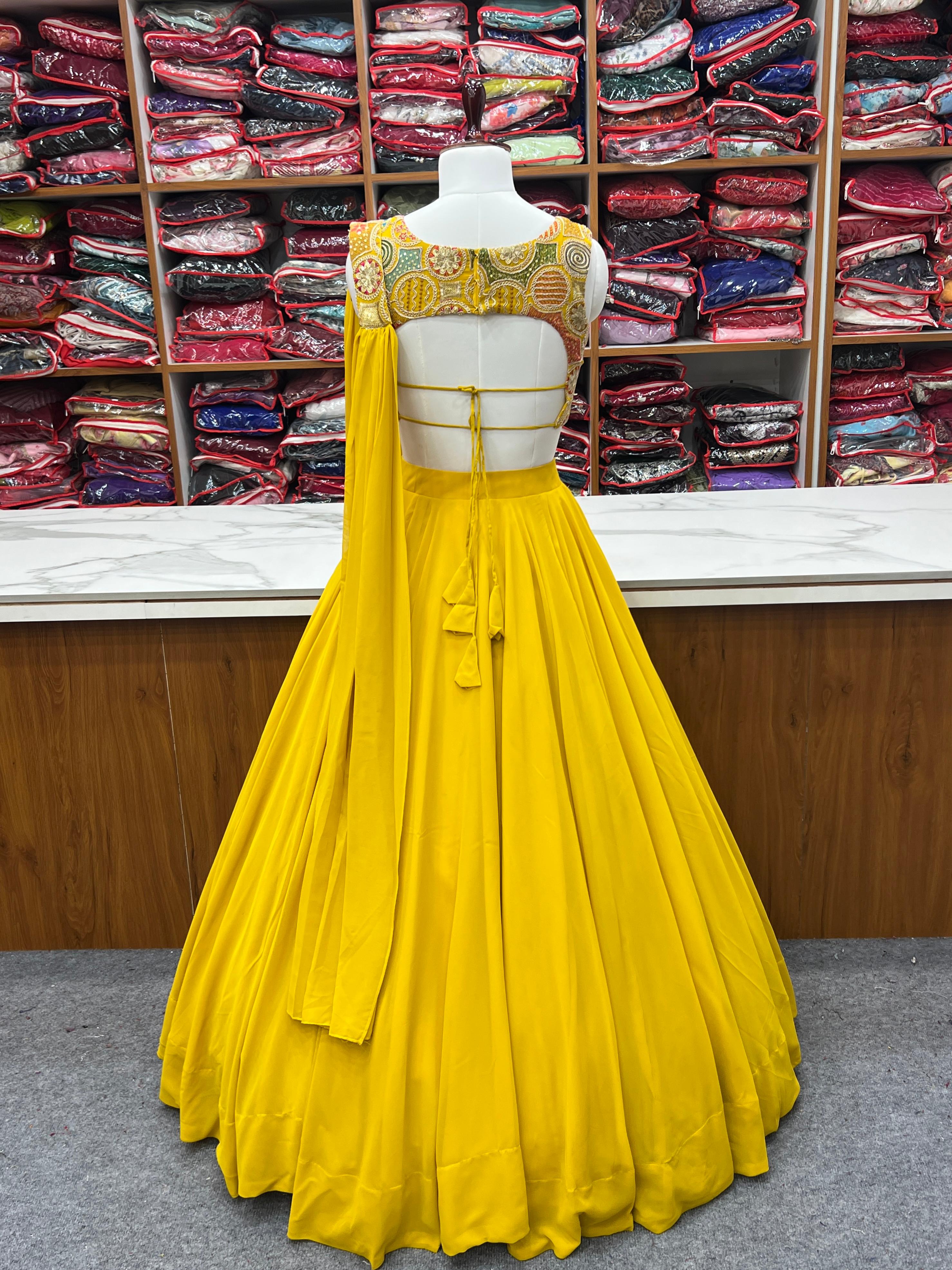 Amazing Yellow Pure Soft Faux Georgette Fully Stitched Lehenga Choli Set - Ethnicwish
