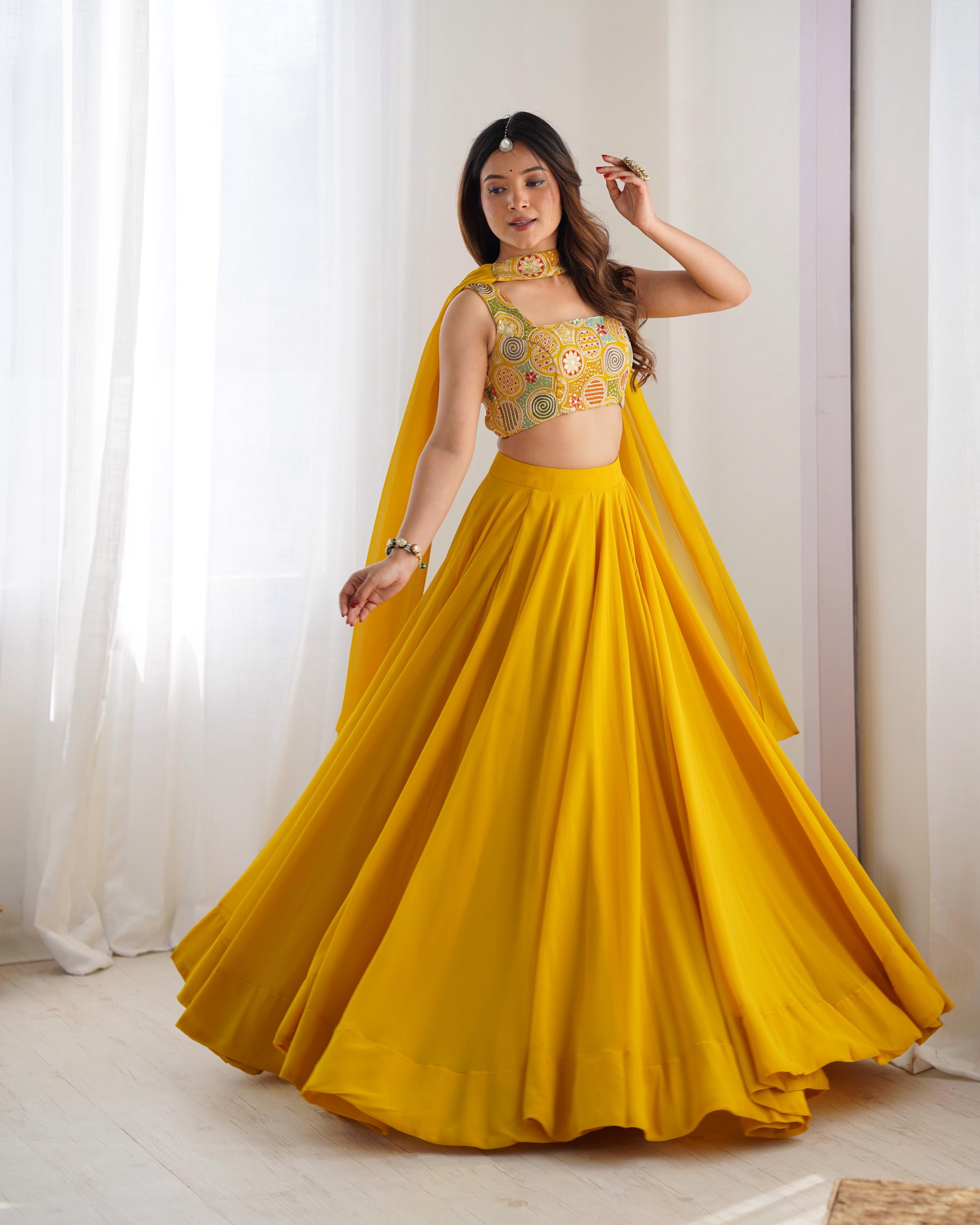 Amazing Yellow Pure Soft Faux Georgette Fully Stitched Lehenga Choli Set - Ethnicwish