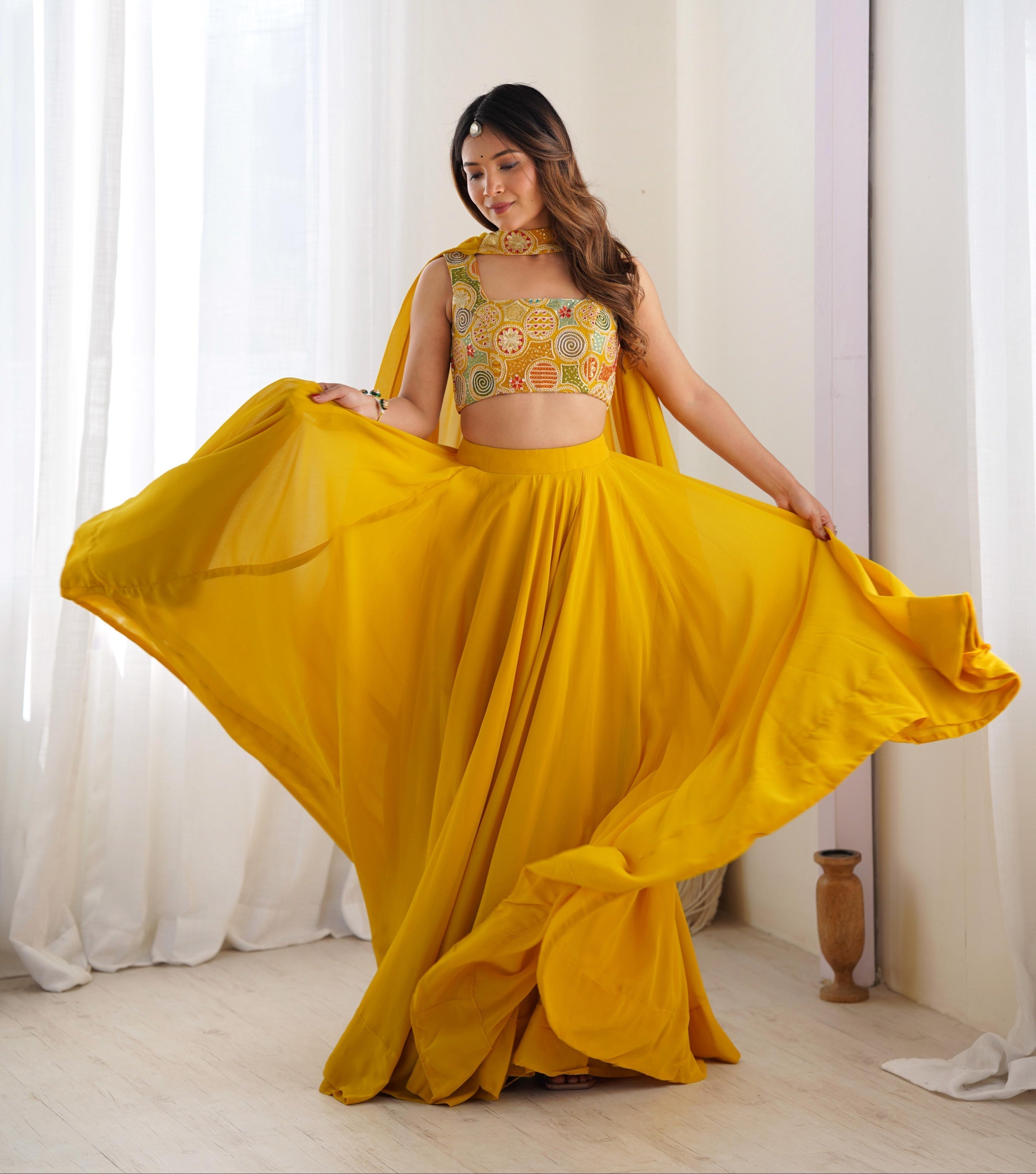Amazing Yellow Pure Soft Faux Georgette Fully Stitched Lehenga Choli Set - Ethnicwish
