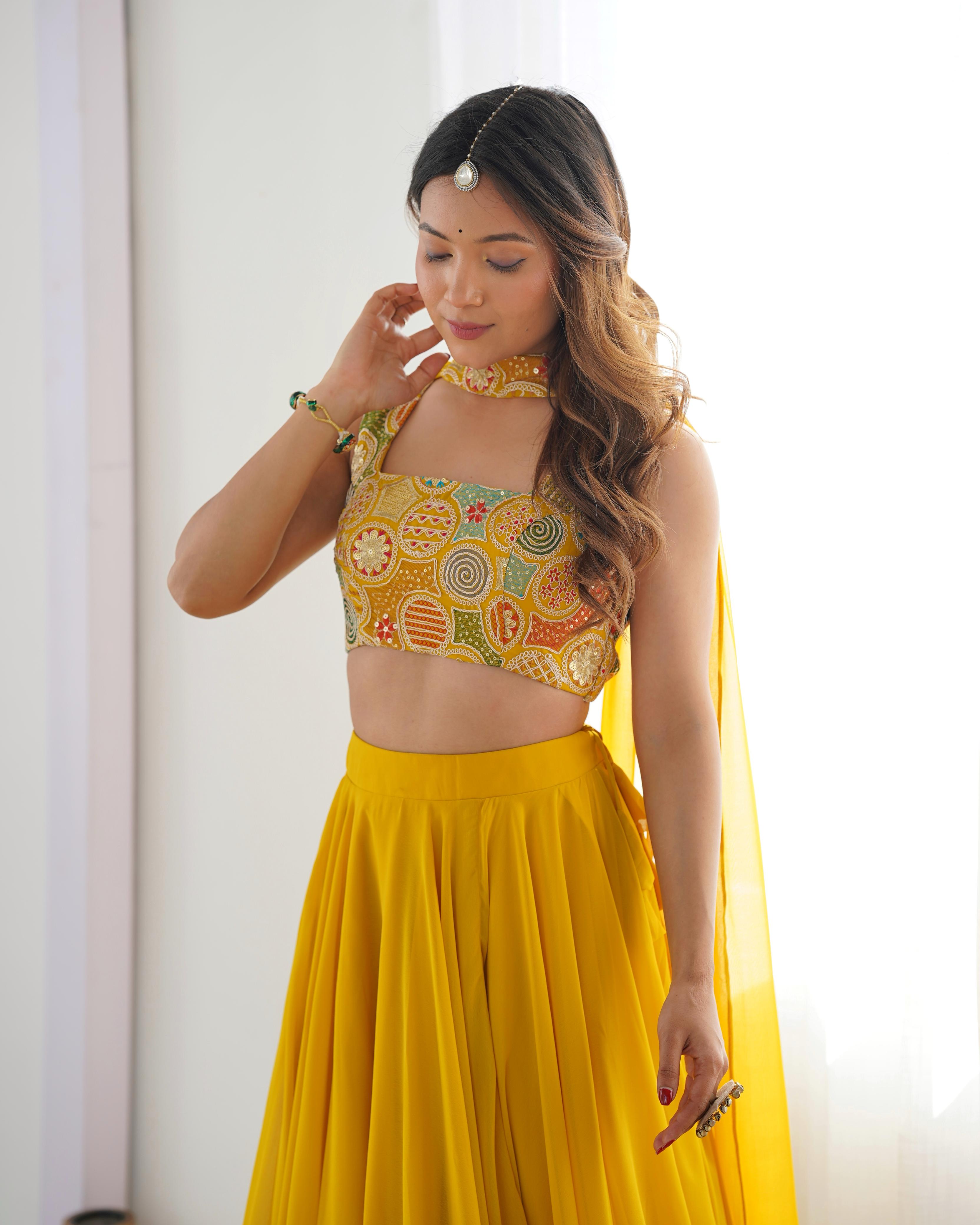 Amazing Yellow Pure Soft Faux Georgette Fully Stitched Lehenga Choli Set - Ethnicwish