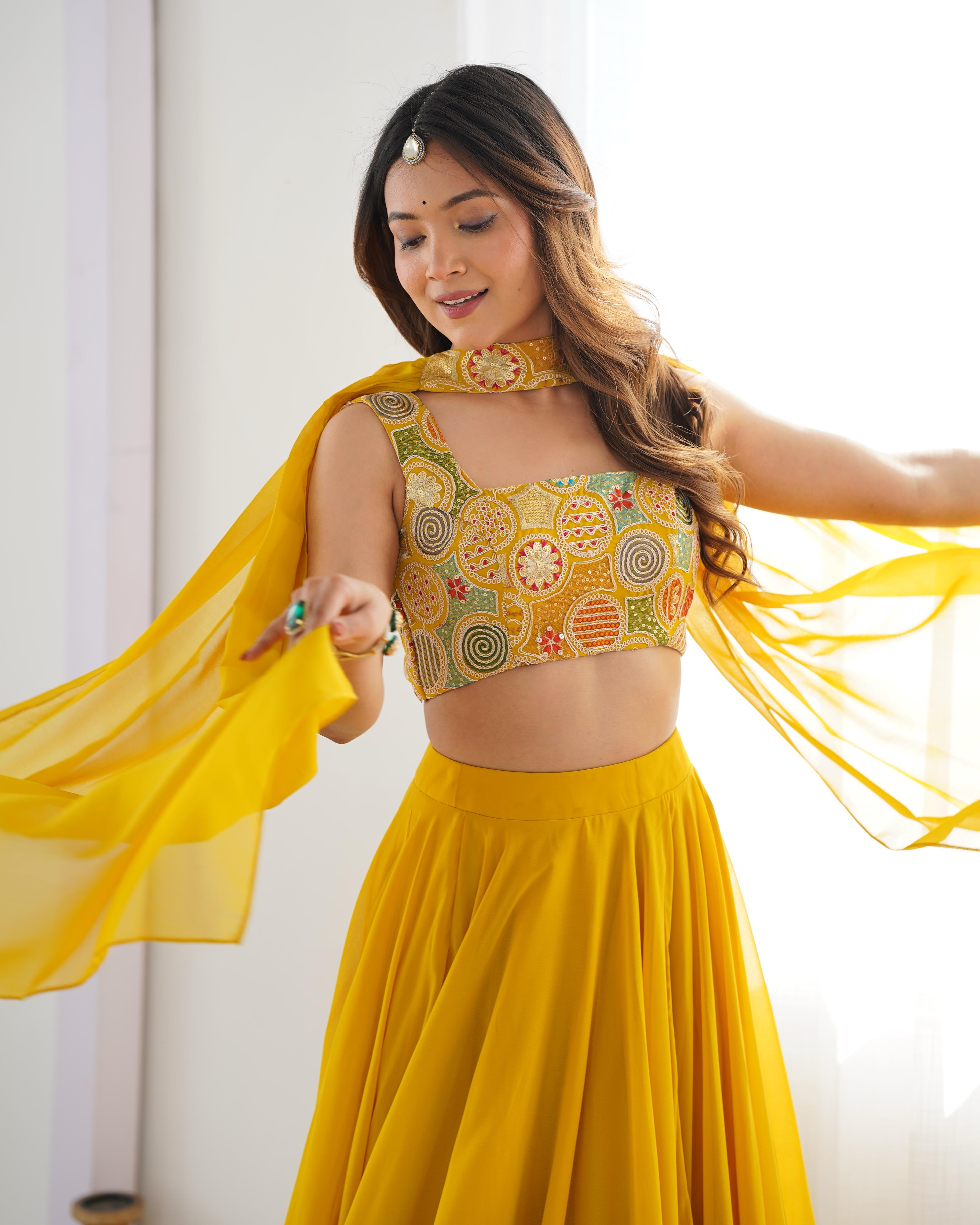 Amazing Yellow Pure Soft Faux Georgette Fully Stitched Lehenga Choli Set - Ethnicwish