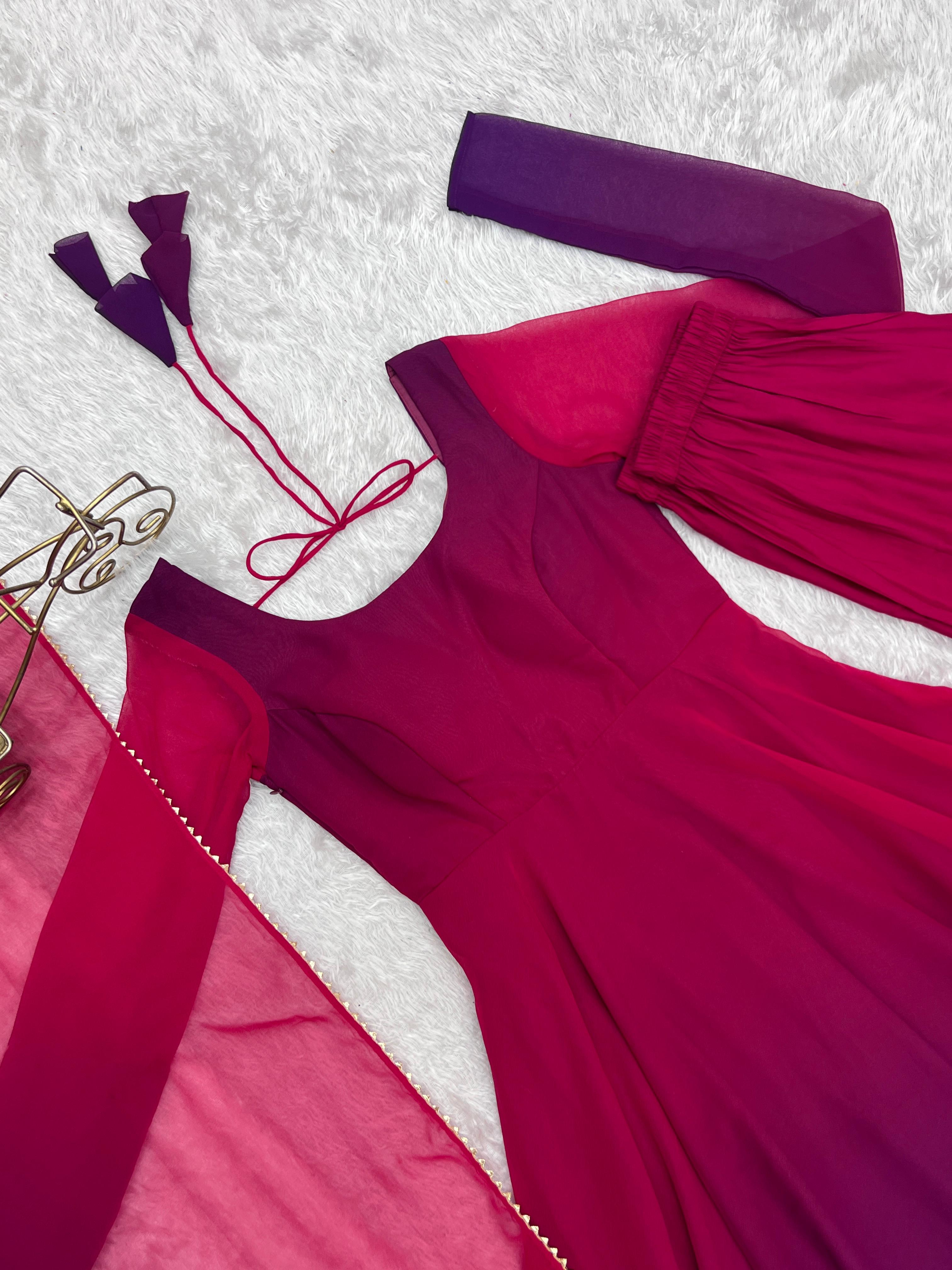 Spectacular Shaded Digital Printed Faux Georgette Anarkali Pant Suit - Ethnicwish