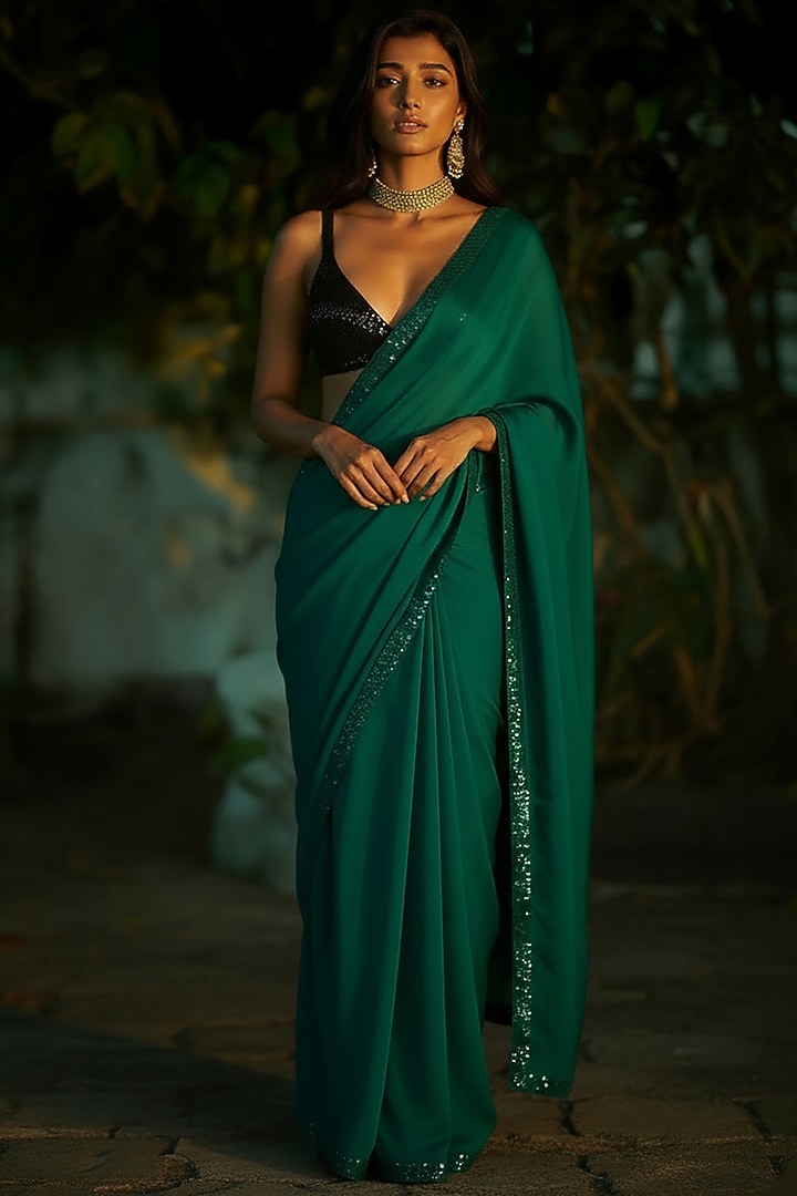 Party Wear Green Satin Silk Pre-Stitched Saree Set with Sequins Blouse